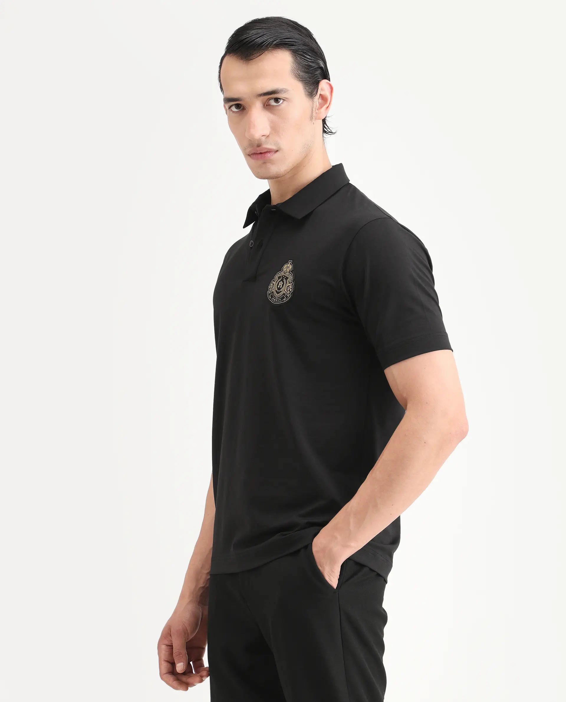 Rare Rabbit Men's Bage Black Cotton Blend Fabric Half Sleeve Spread Collar Regular Fit Plain Polo