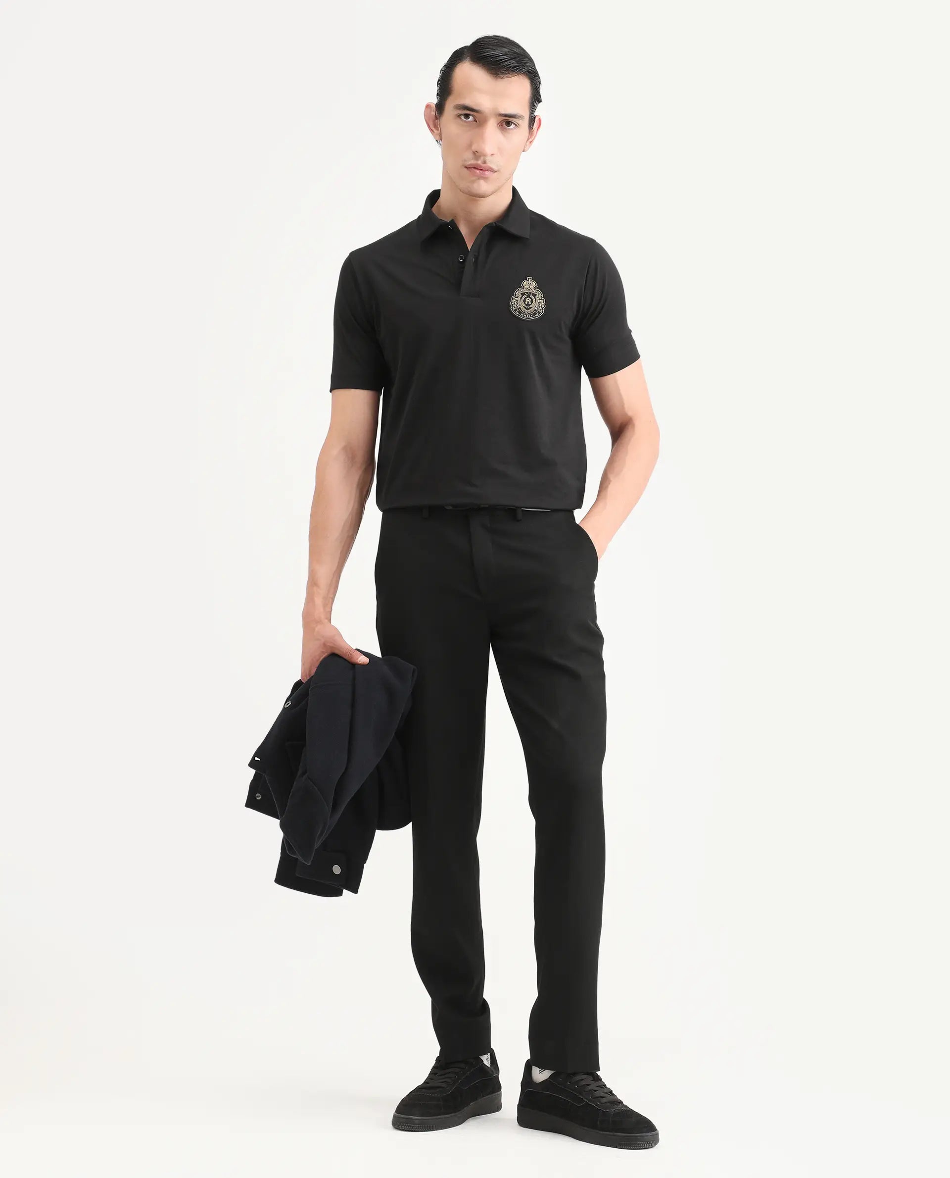 Rare Rabbit Men's Bage Black Cotton Blend Fabric Half Sleeve Spread Collar Regular Fit Plain Polo