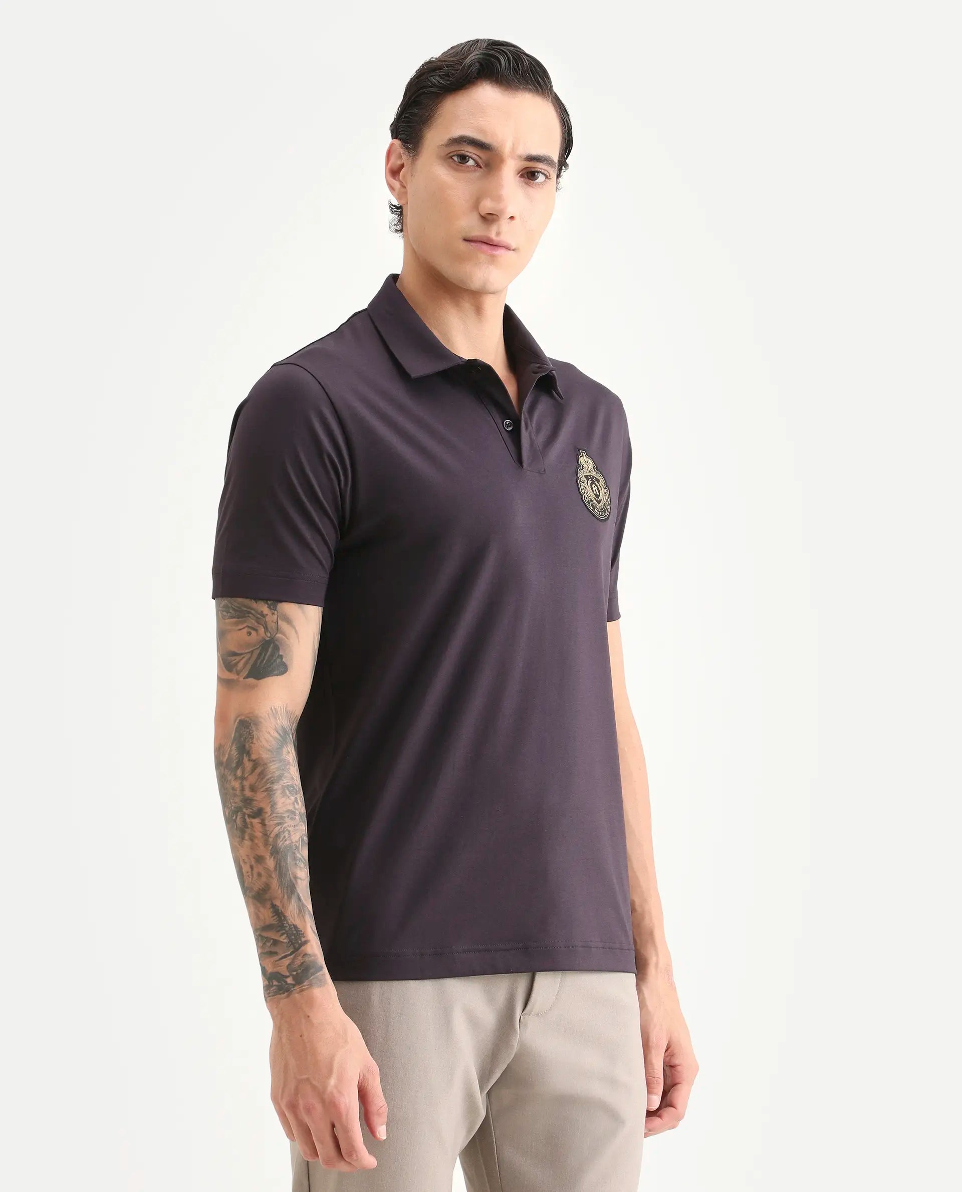 Rare Rabbit Men's Bage Flouroscent Purple Cotton Blend Fabric Half Sleeve Spread Collar Regular Fit Plain Polo