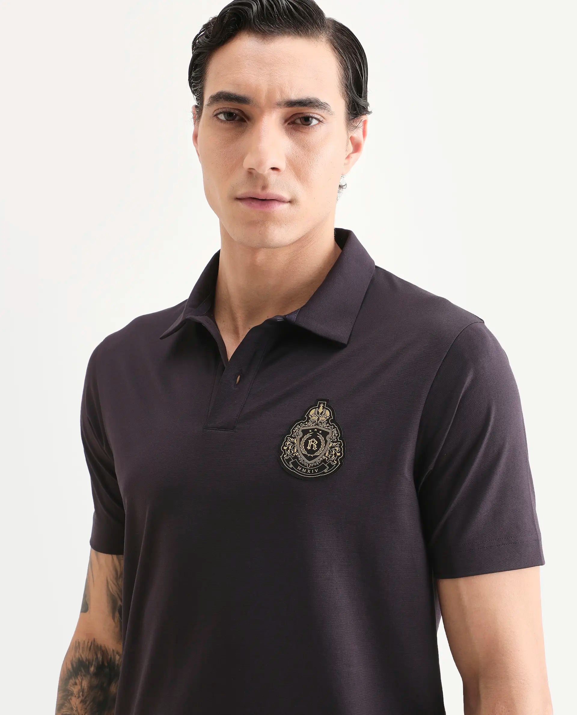 Rare Rabbit Men's Bage Flouroscent Purple Cotton Blend Fabric Half Sleeve Spread Collar Regular Fit Plain Polo