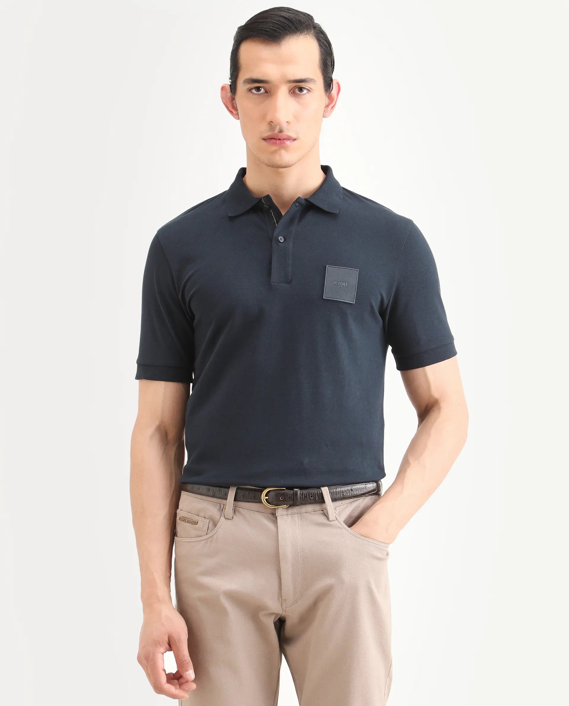 Rare Rabbit Men's Boro Dark Navy Cotton Blend Fabric Half Sleeve Spread Collar Regular Fit Plain Polo
