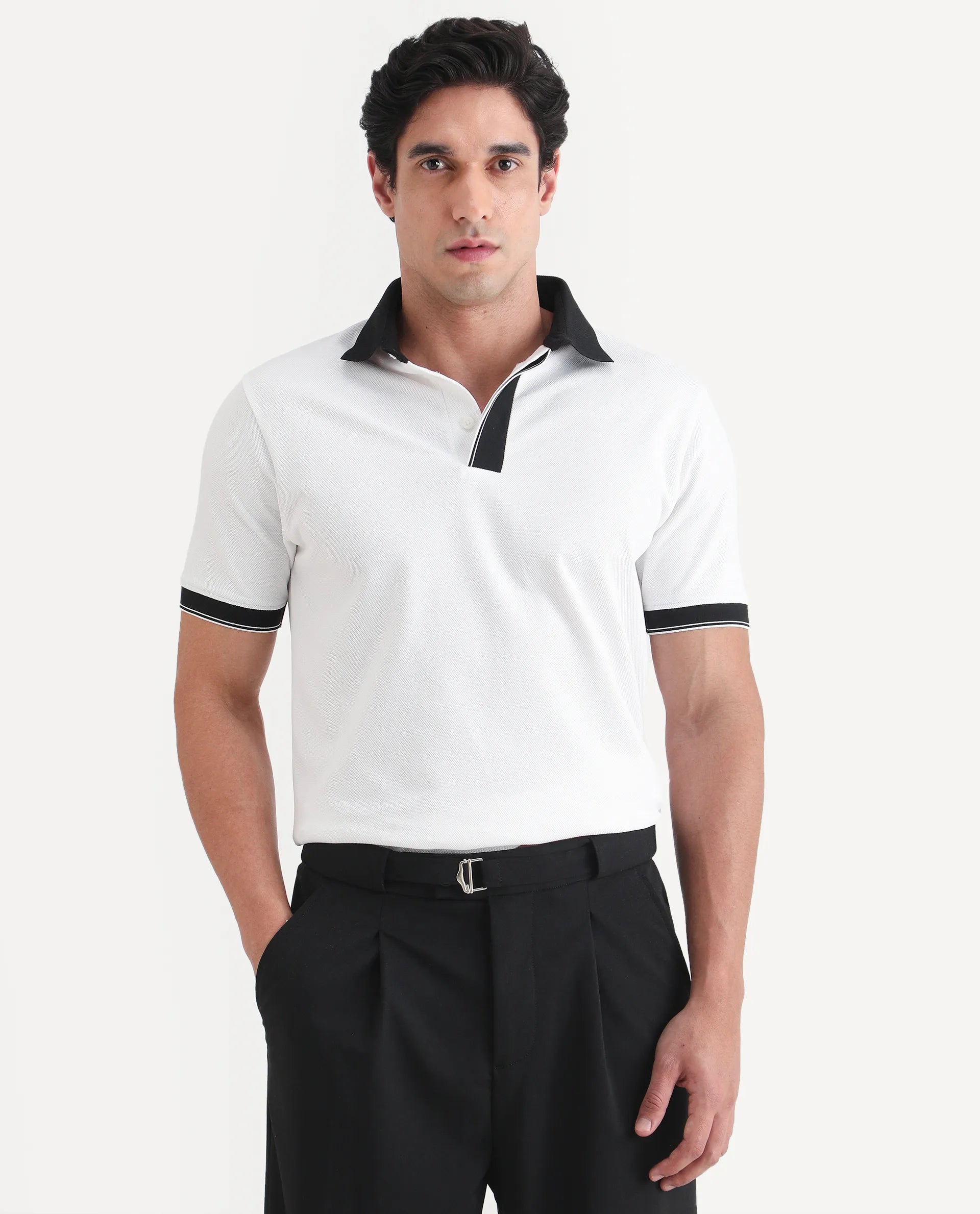 Rare Rabbit Men's Chob White Cotton Blend Fabric Half Sleeve Spread Collar Regular Fit Plain Polo