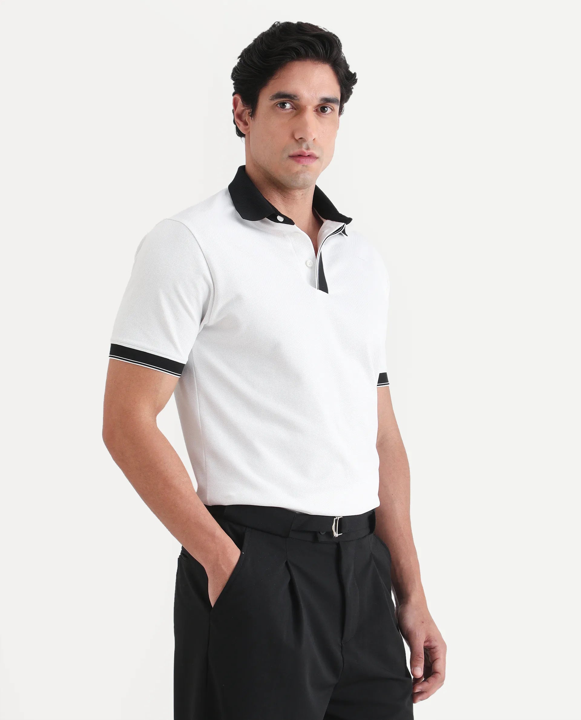 Rare Rabbit Men's Chob White Cotton Blend Fabric Half Sleeve Spread Collar Regular Fit Plain Polo