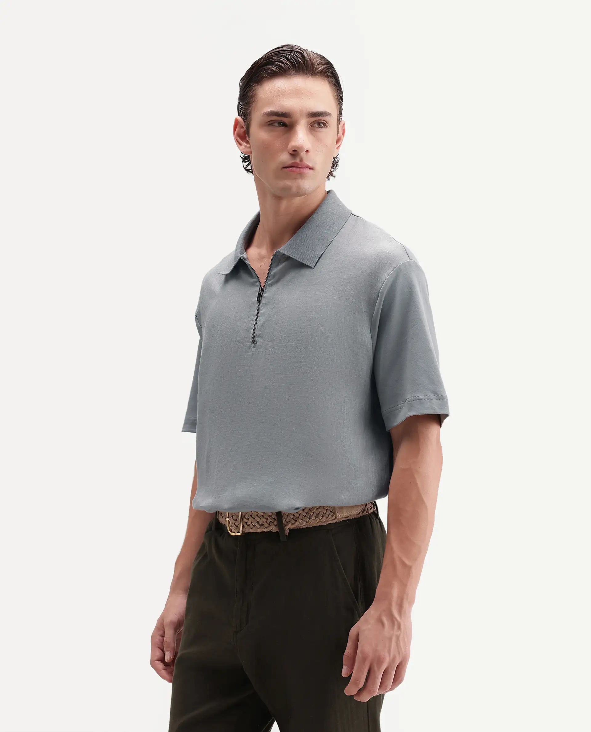 Rare Rabbit Men's Cosma-S26 Light Grey Linen Blend Fabric Half Sleeve Spread Collar Regular Fit Plain Polo