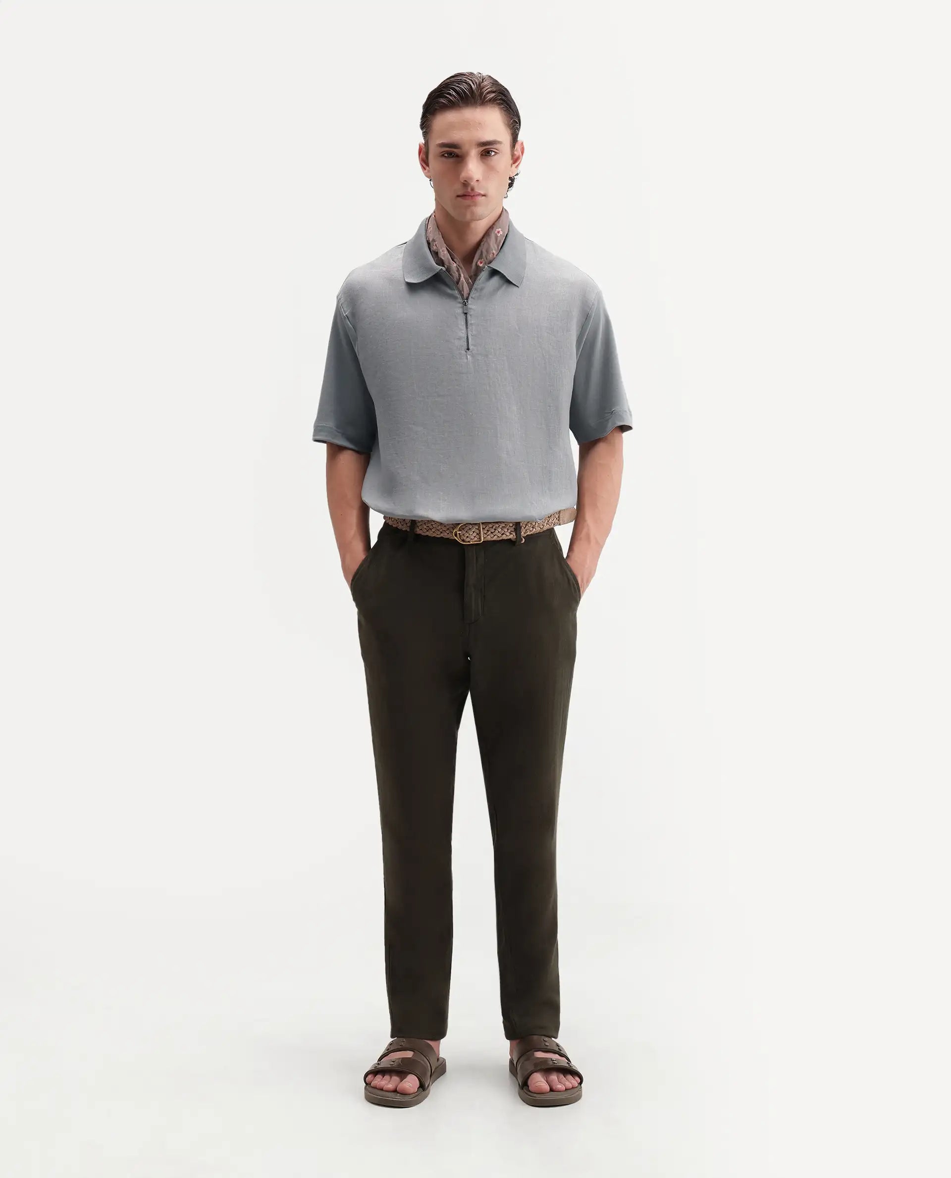 Rare Rabbit Men's Cosma-S26 Light Grey Linen Blend Fabric Half Sleeve Spread Collar Regular Fit Plain Polo