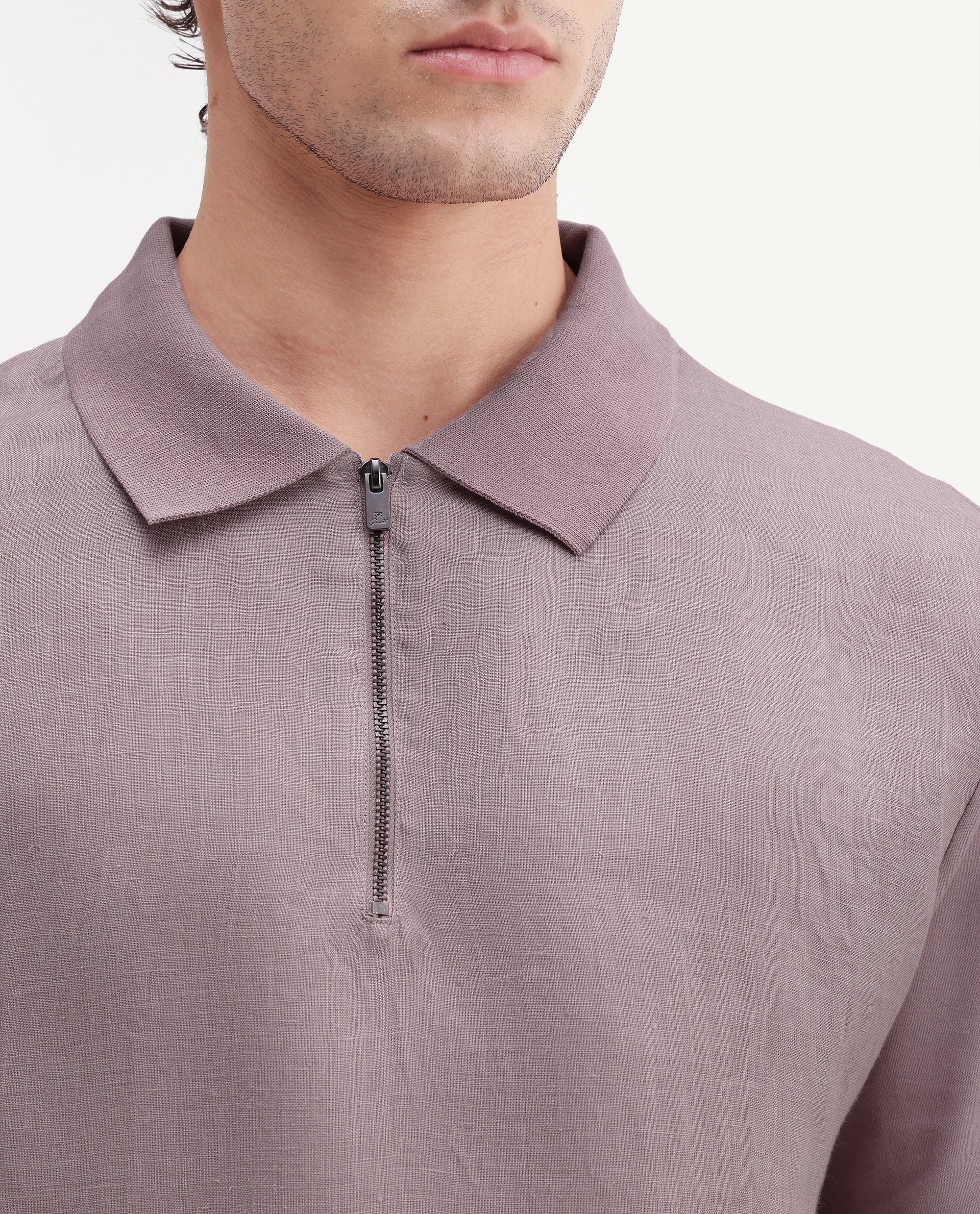 Rare Rabbit Men's Cosma-S26 Dusky Pink Linen Blend Fabric Half Sleeve Spread Collar Regular Fit Plain Polo