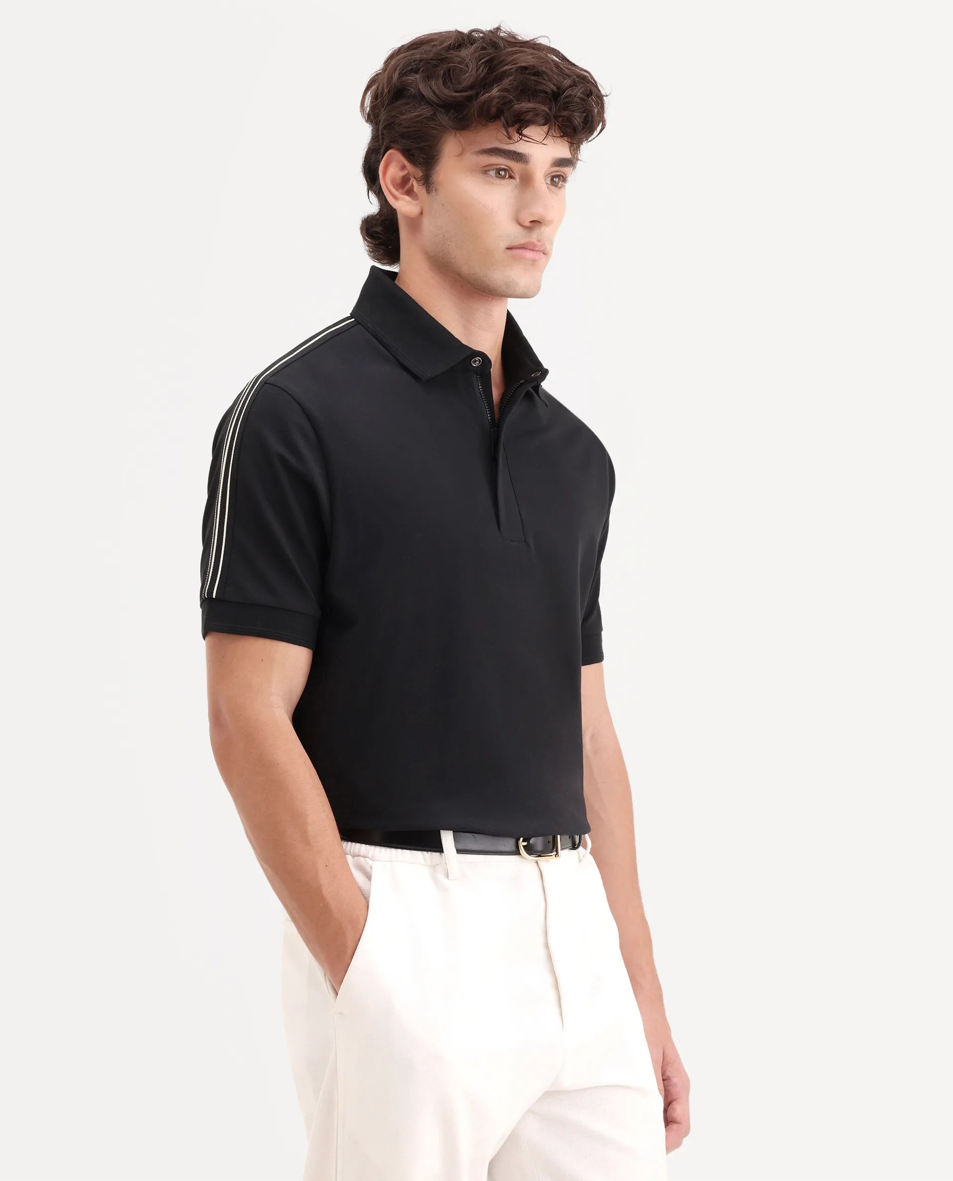 Rare Rabbit Men's Cron-S26 Black Cotton Blend Fabric Half Sleeve Spread Collar Regular Fit Plain Polo