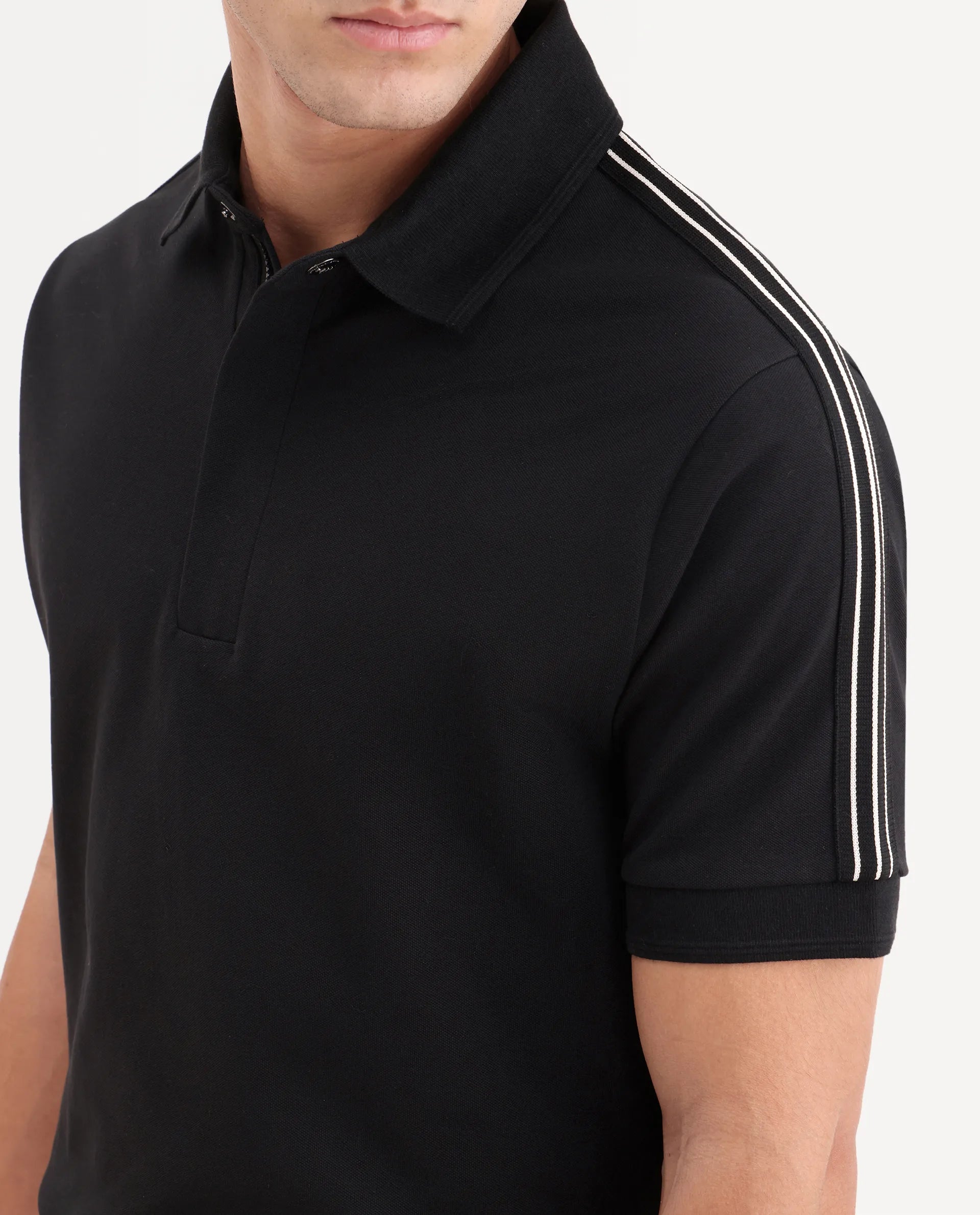 Rare Rabbit Men's Cron-S26 Black Cotton Blend Fabric Half Sleeve Spread Collar Regular Fit Plain Polo