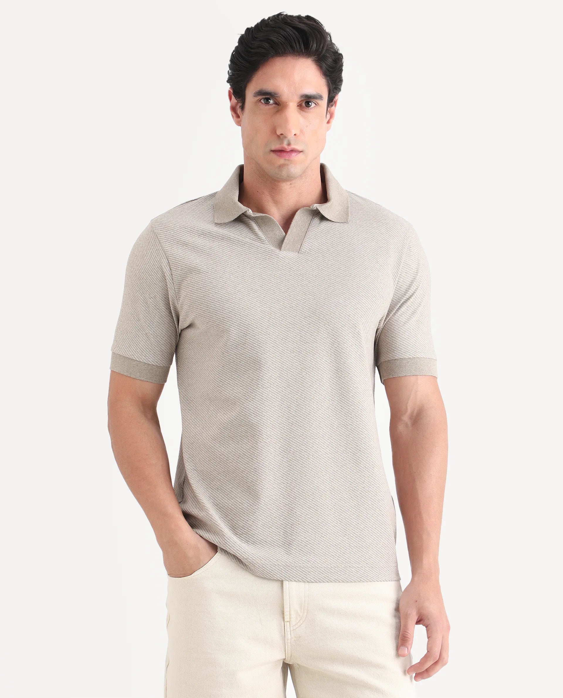 Rare Rabbit Men's Digi Beige Cotton Blend Fabric Half Sleeve Johnny Collar Regular Fit Plain Polo