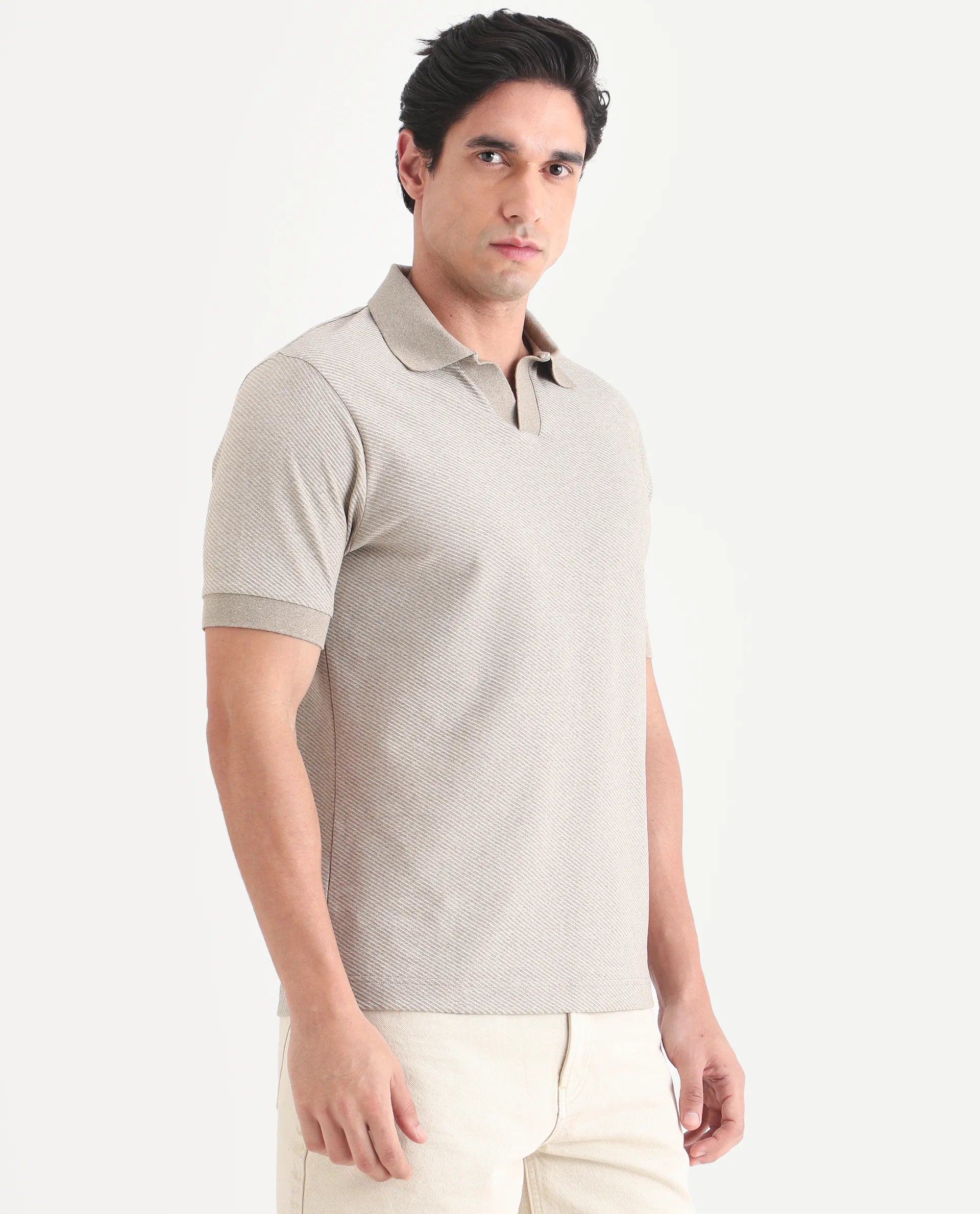 Rare Rabbit Men's Digi Beige Cotton Blend Fabric Half Sleeve Johnny Collar Regular Fit Plain Polo