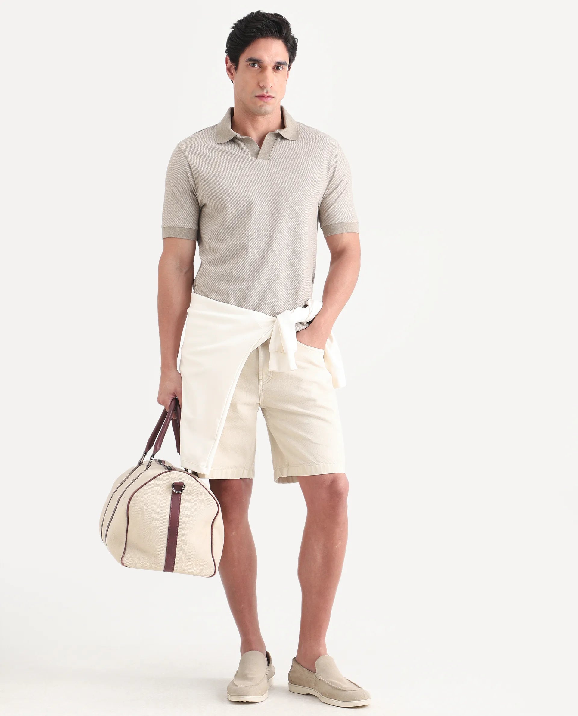 Rare Rabbit Men's Digi Beige Cotton Blend Fabric Half Sleeve Johnny Collar Regular Fit Plain Polo