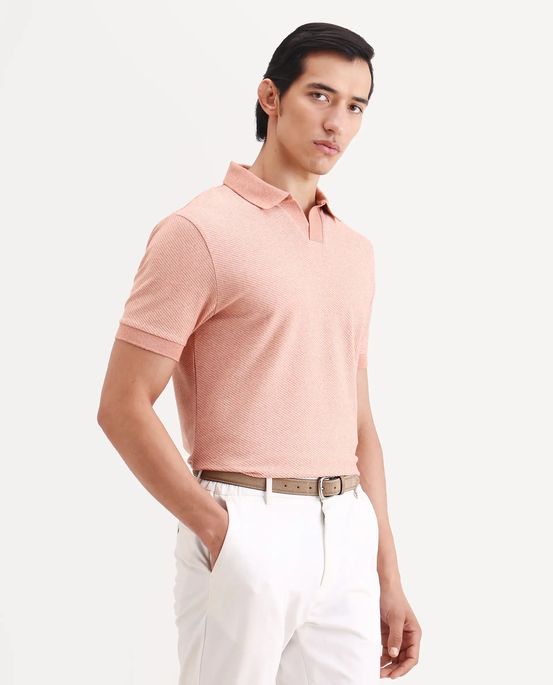 Rare Rabbit Men's Digi Pastel Peach Cotton Blend Fabric Half Sleeve Jonny Collar Regular Fit Plain Polo