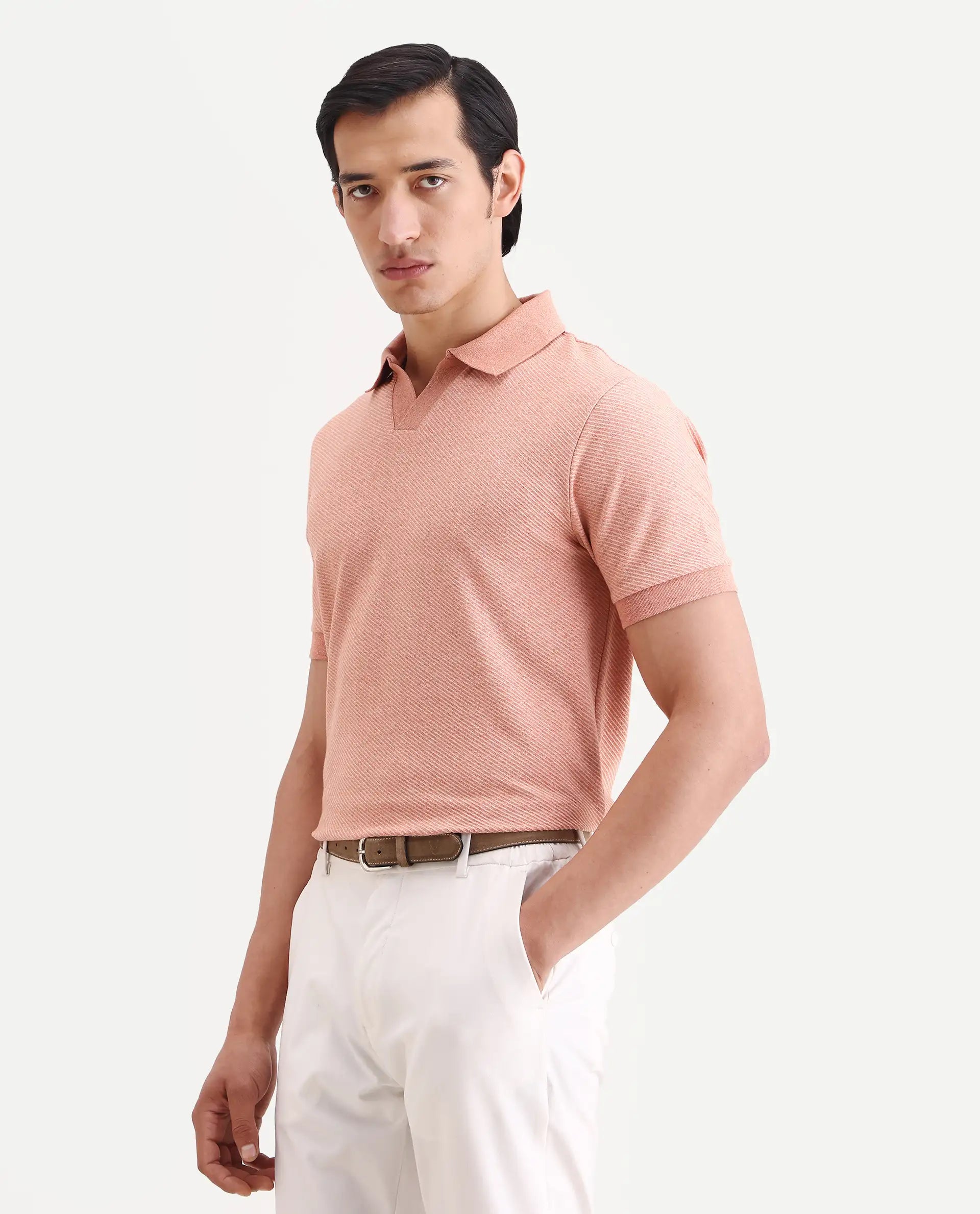 Rare Rabbit Men's Digi Pastel Peach Cotton Blend Fabric Half Sleeve Jonny Collar Regular Fit Plain Polo