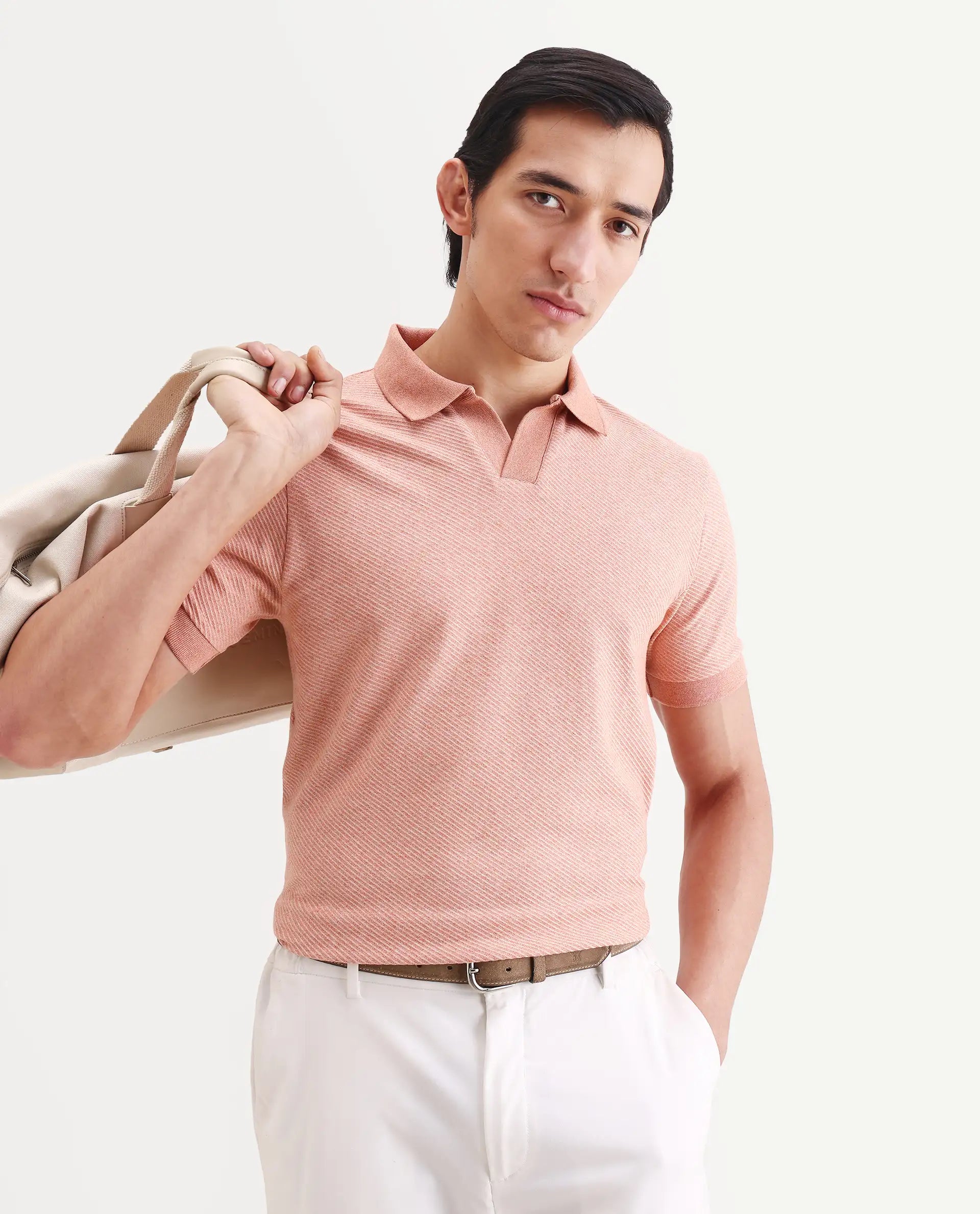 Rare Rabbit Men's Digi Pastel Peach Cotton Blend Fabric Half Sleeve Jonny Collar Regular Fit Plain Polo