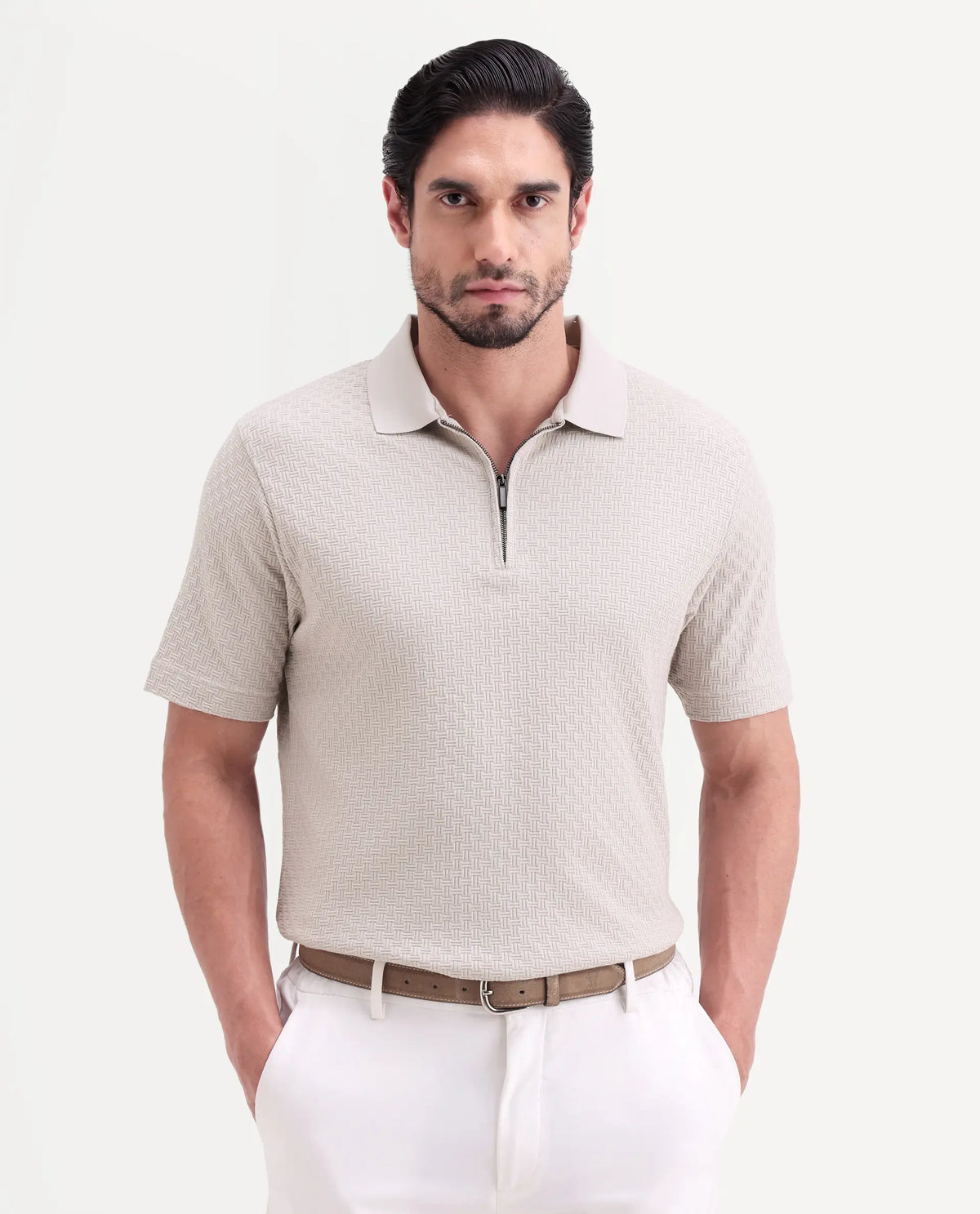 Rare Rabbit Men's Envo Dusky Beige Cotton Fabric Half Sleeve Spread Collar Regular Fit Textured Polo