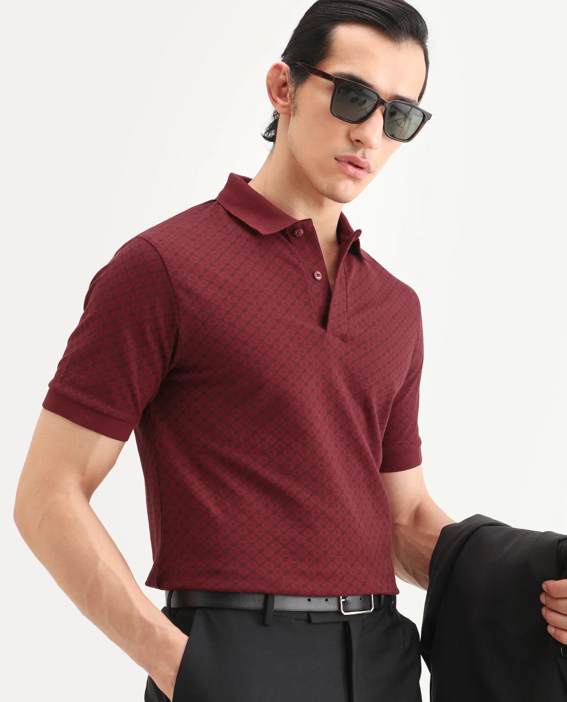 Rare Rabbit Men's Eran Red Cotton Blend Fabric Half Sleeve Spread Collar Regular Fit Geometric Print Polo