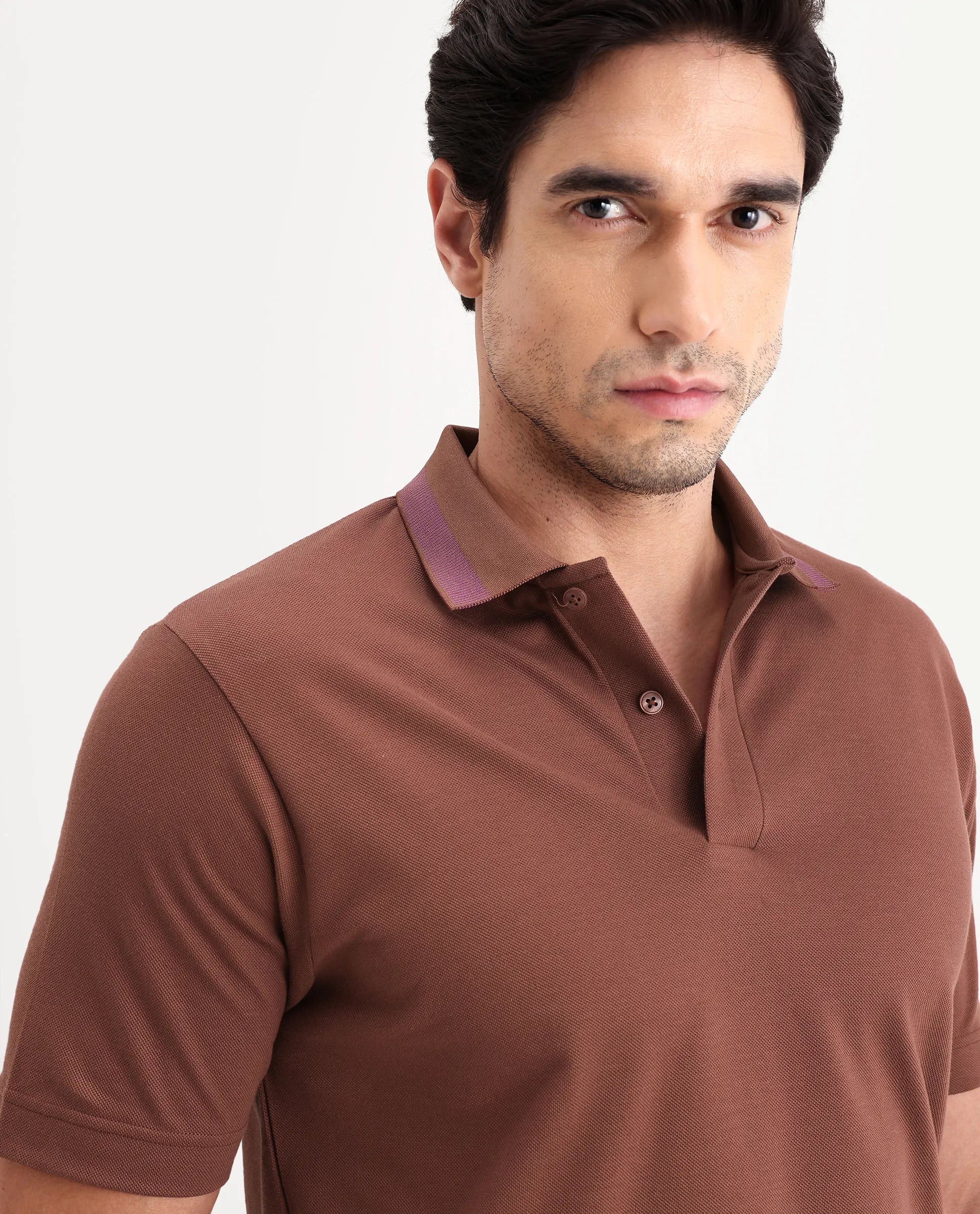 Rare Rabbit Men's Flint Rust Cotton Fabric Half Sleeve Spread Collar Regular Fit Plain Polo