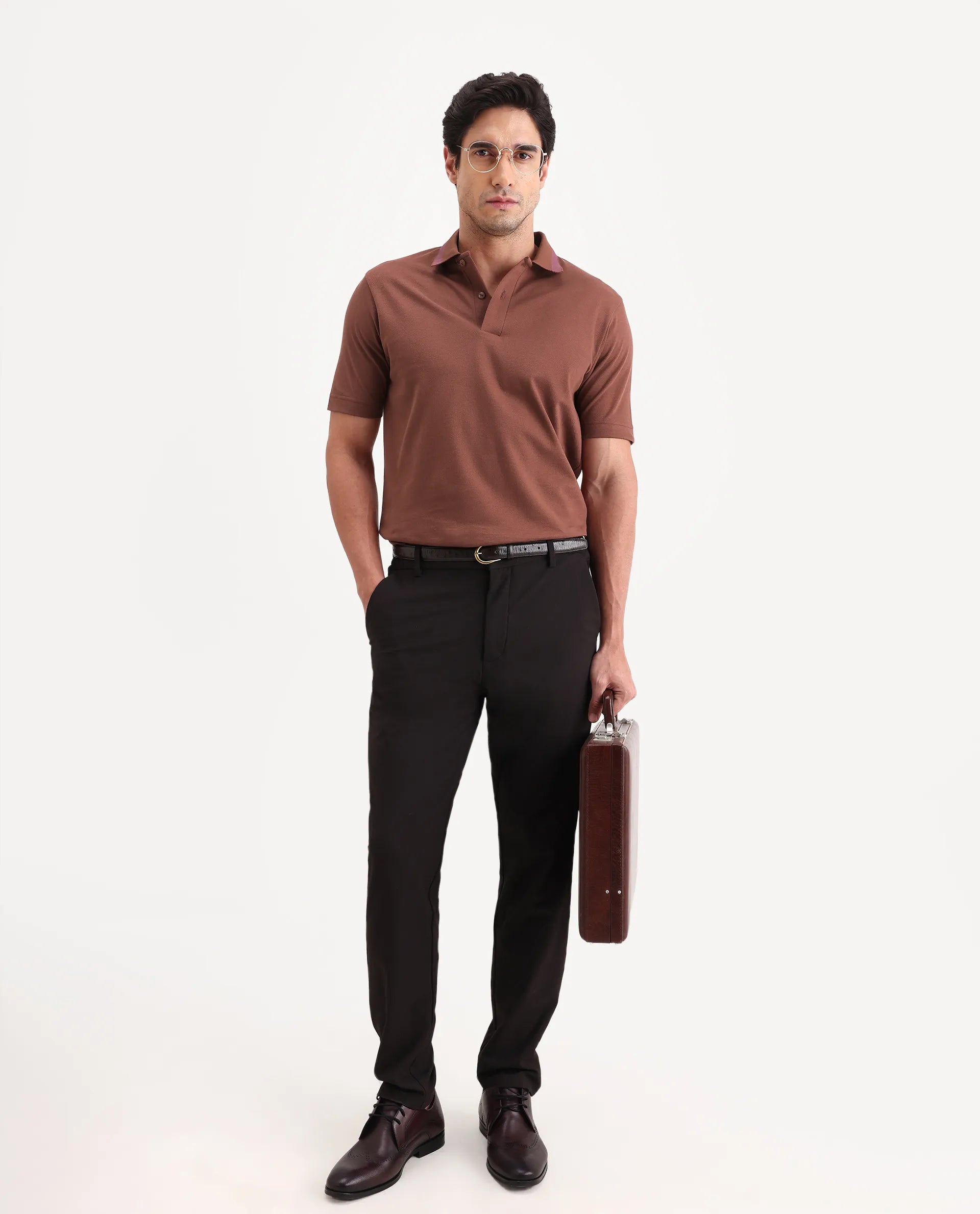 Rare Rabbit Men's Flint Rust Cotton Fabric Half Sleeve Spread Collar Regular Fit Plain Polo