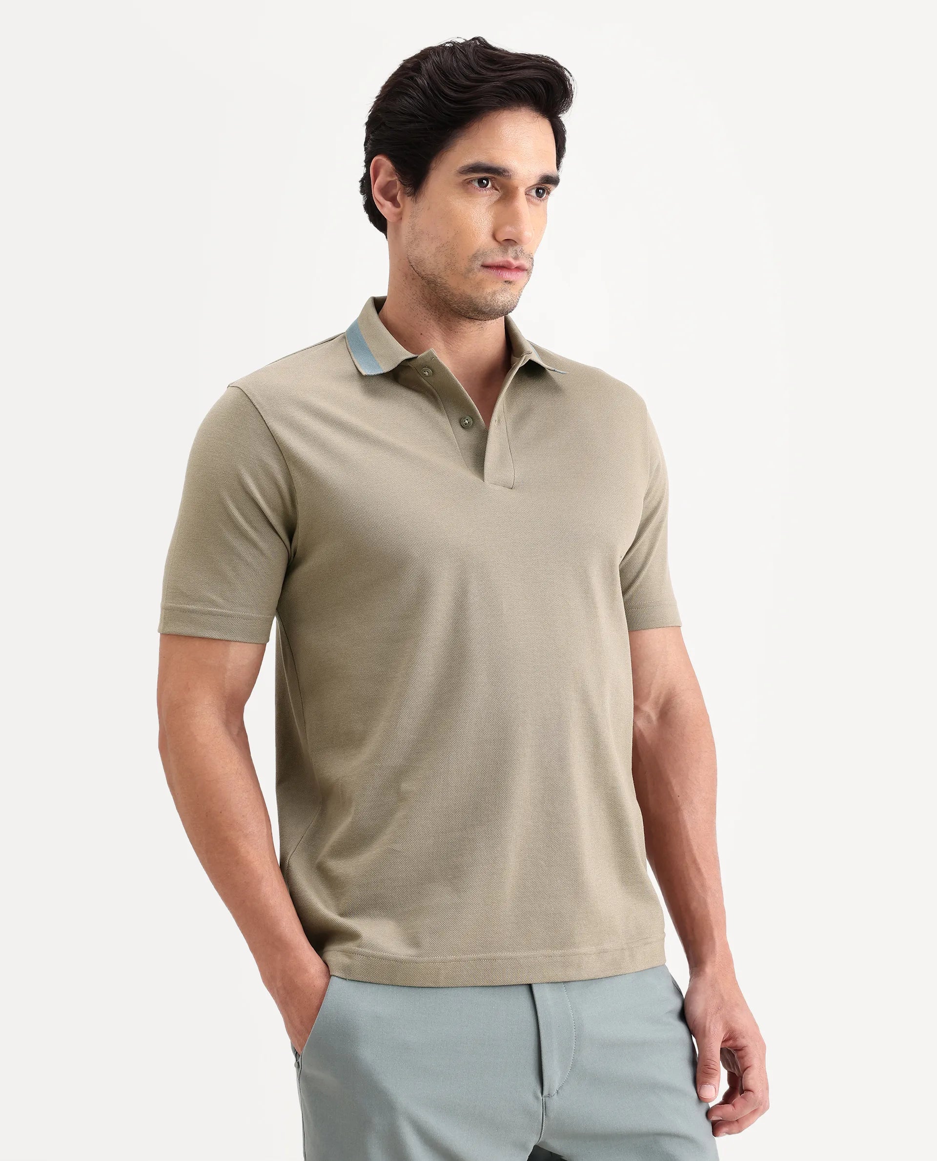 Rare Rabbit Men's Flint Dark Beige Cotton Fabric Half Sleeve Spread Collar Regular Fit Plain Polo