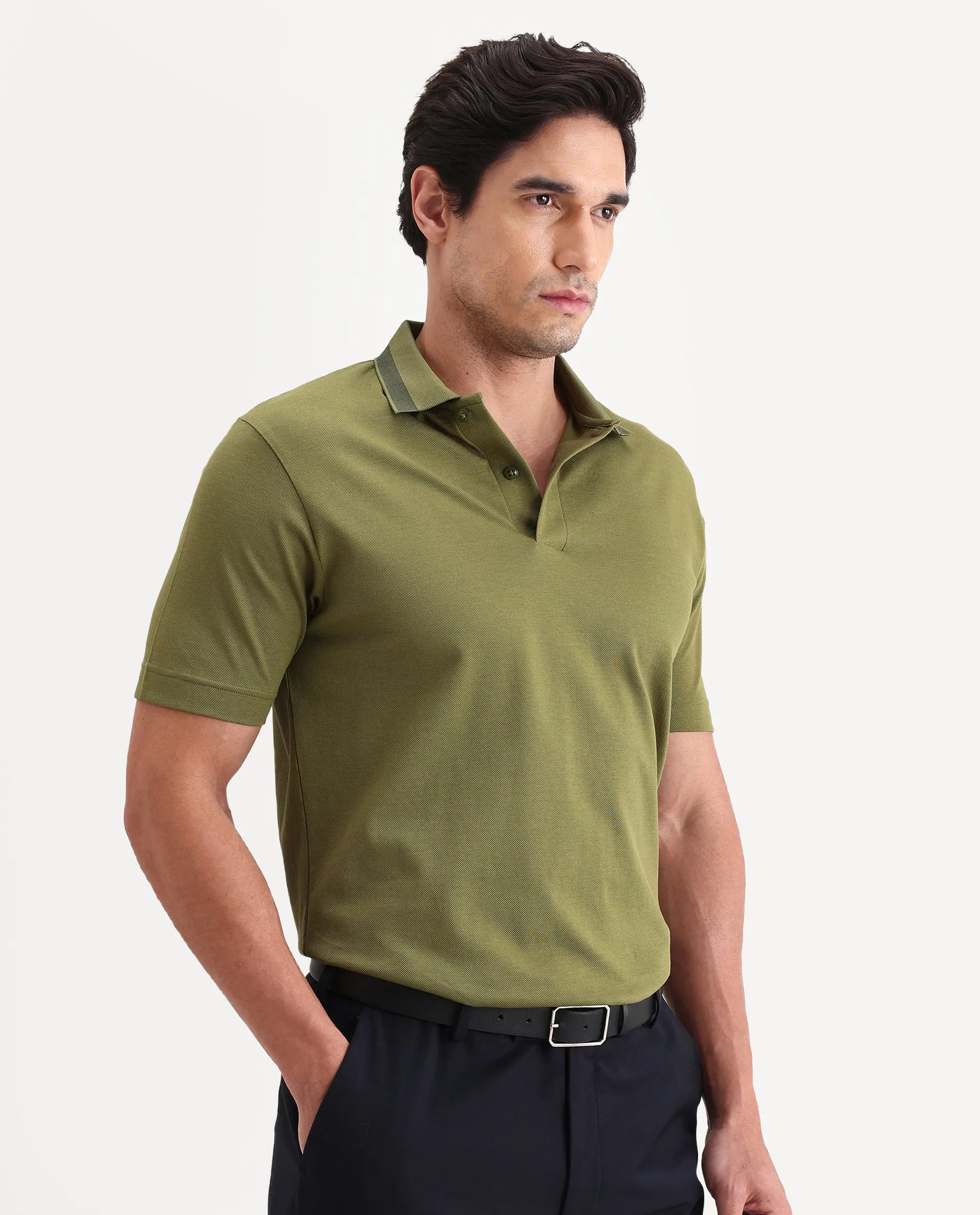 Rare Rabbit Men's Flint Olive Cotton Fabric Half Sleeve Spread Collar Regular Fit Plain Polo