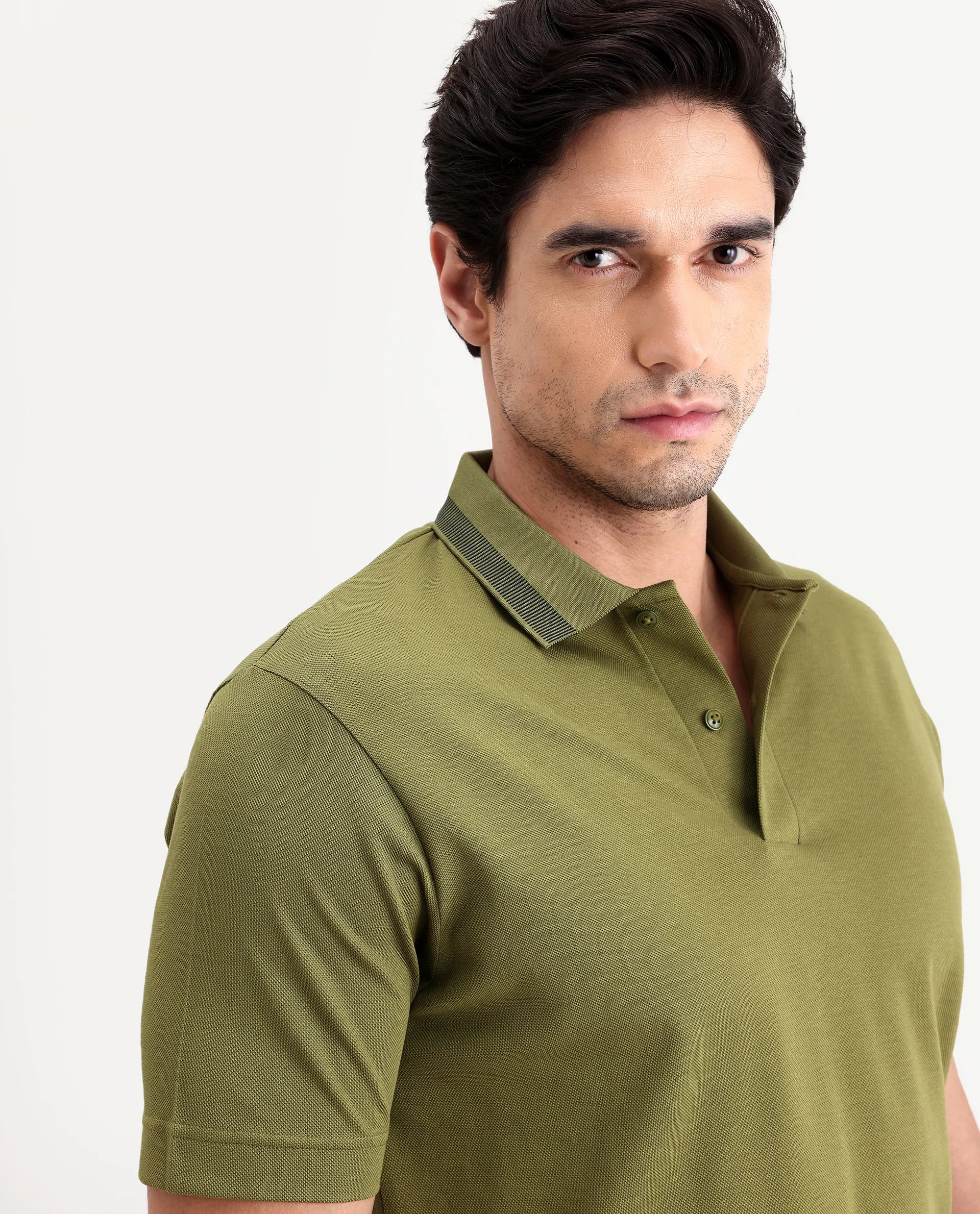 Rare Rabbit Men's Flint Olive Cotton Fabric Half Sleeve Spread Collar Regular Fit Plain Polo