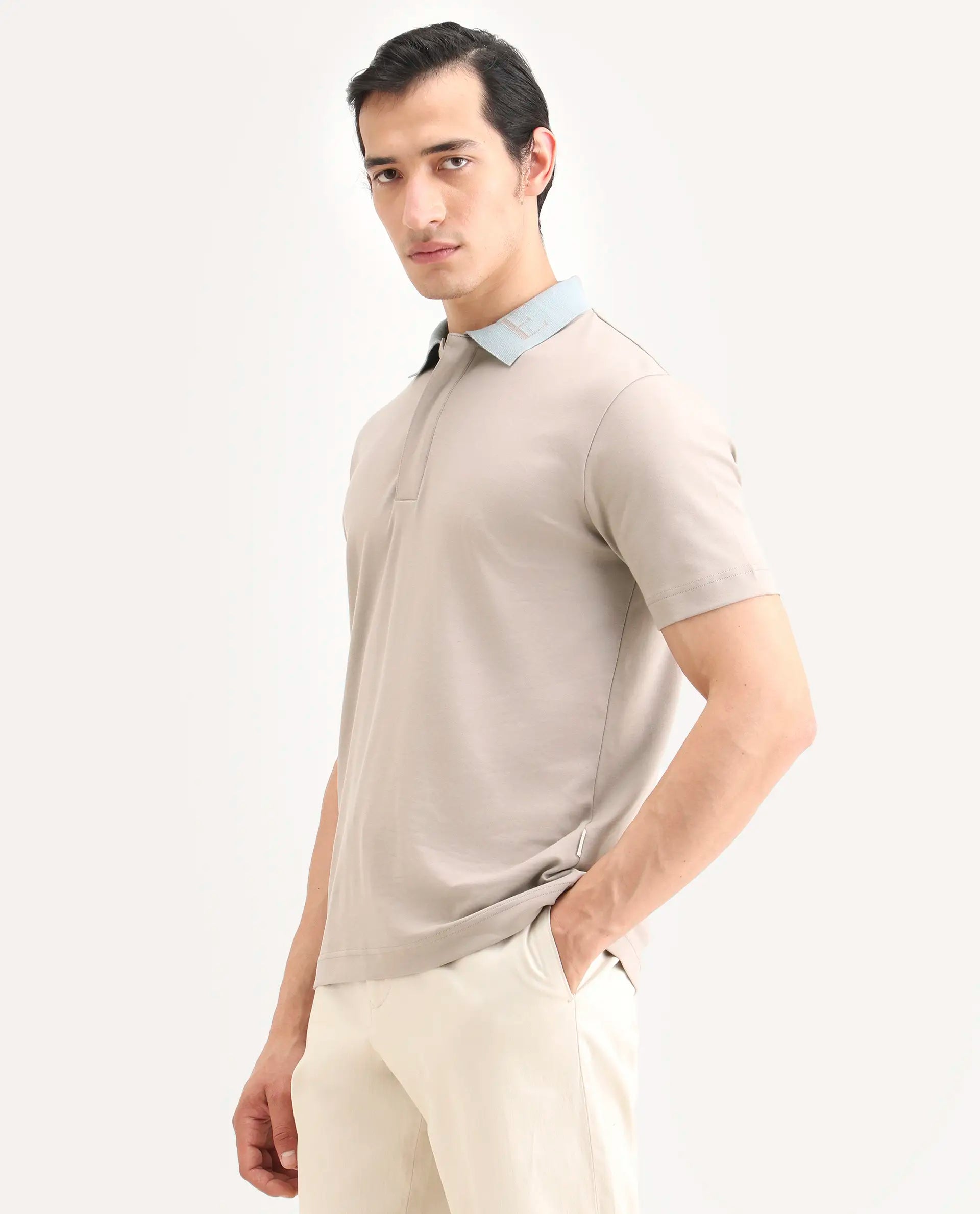 Rare Rabbit Men's Frow-S26 Beige Cotton Fabric Half Sleeve Spread Collar Regular Fit Plain Polo