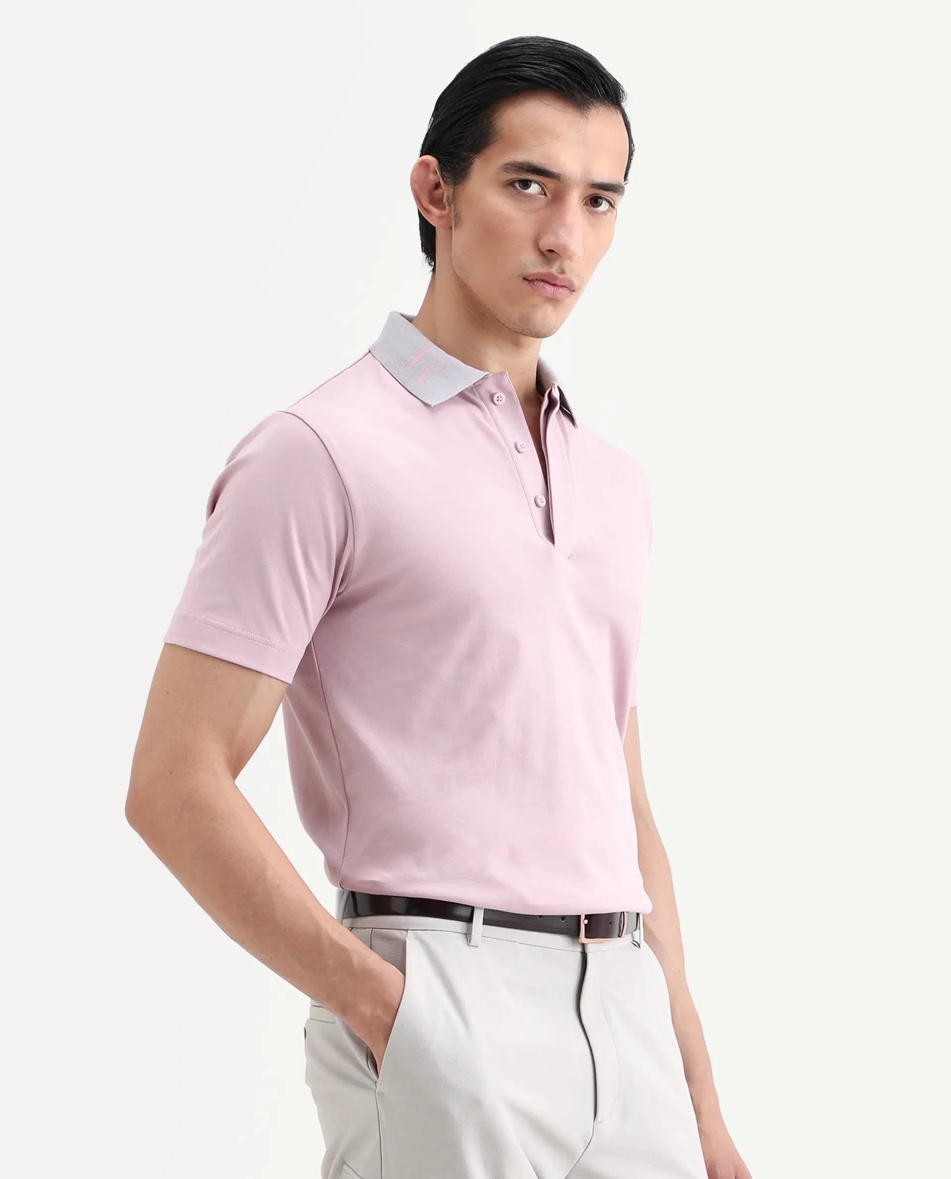 Rare Rabbit Men's Frow-S26 Dusky Pink Cotton Fabric Half Sleeve Spread Collar Regular Fit Plain Polo
