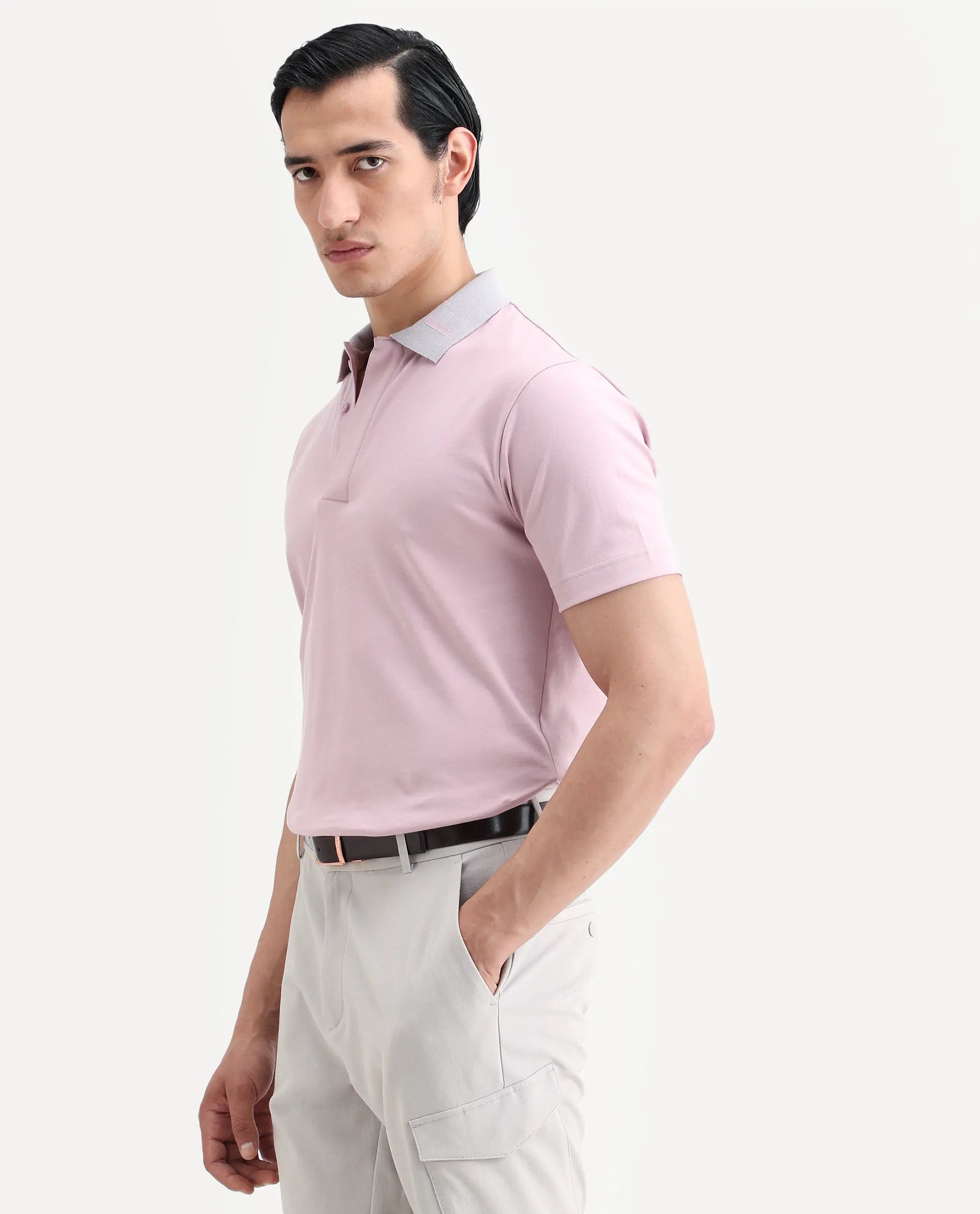 Rare Rabbit Men's Frow-S26 Dusky Pink Cotton Fabric Half Sleeve Spread Collar Regular Fit Plain Polo