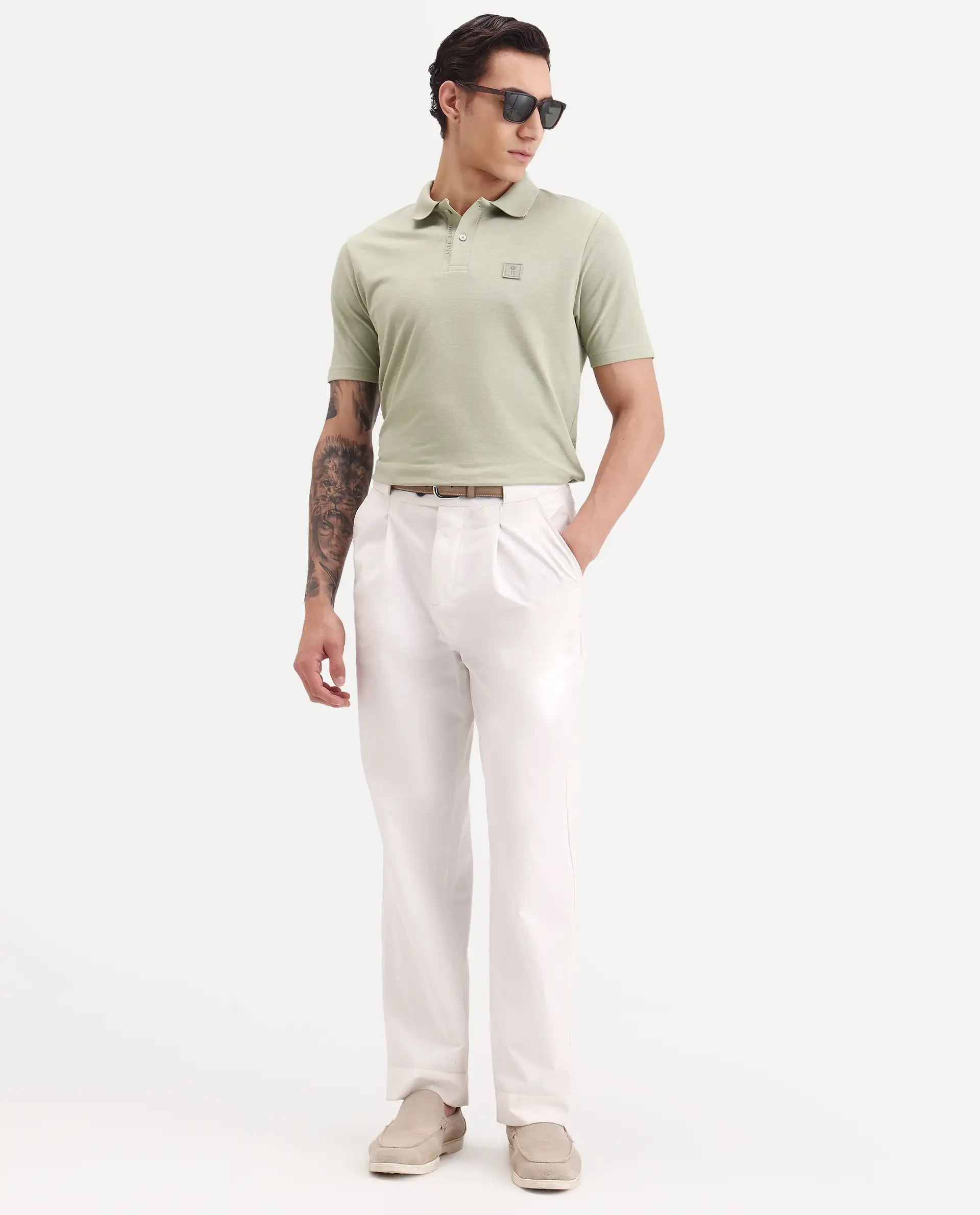 Rare Rabbit Men's Gamor Pastel Green Cotton Blend Fabric Half Sleeve Spread Collar Regular Fit Plain Polo