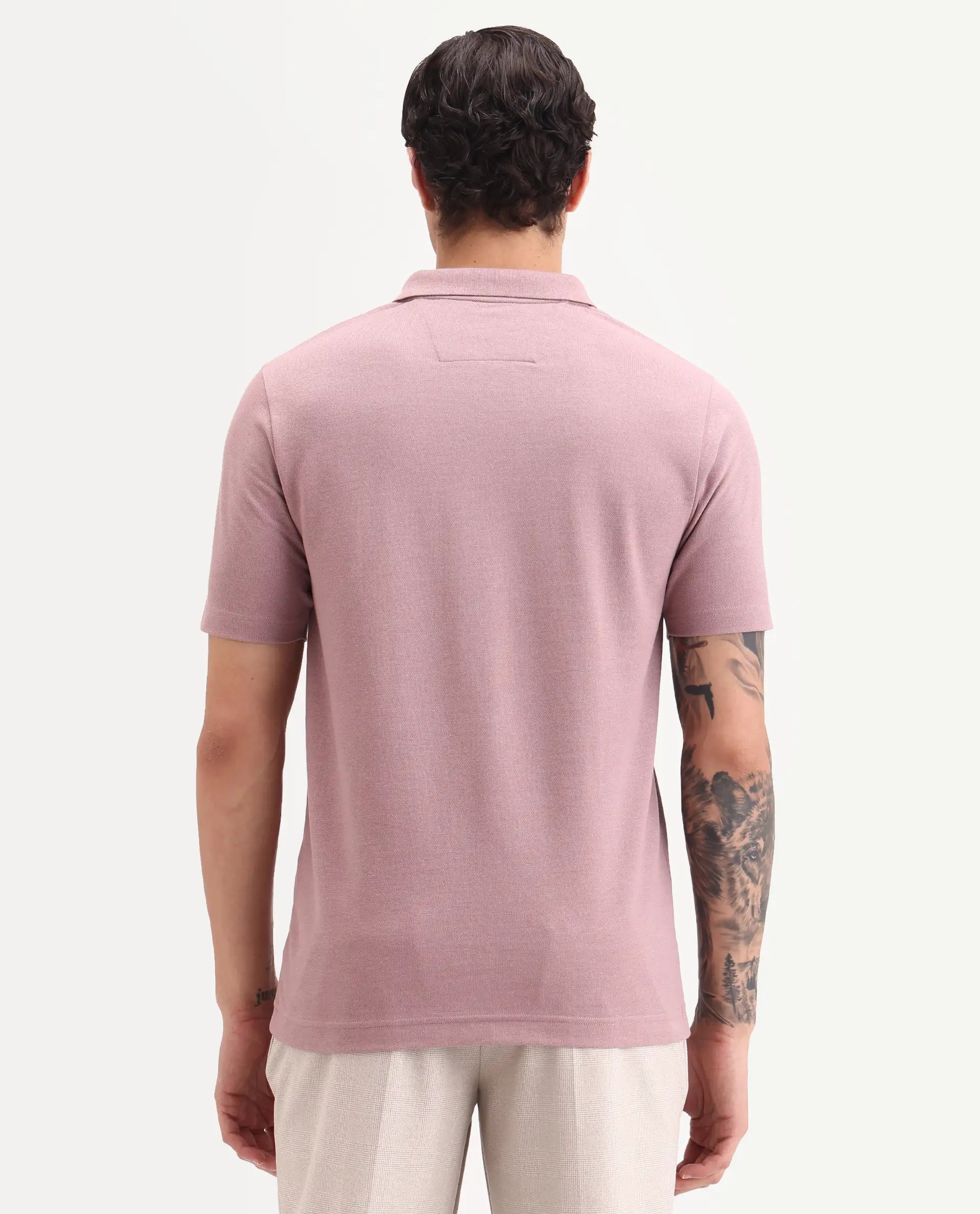 Rare Rabbit Men's Gamor Dusky Pink Cotton Blend Fabric Half Sleeve Spread Collar Regular Fit Plain Polo