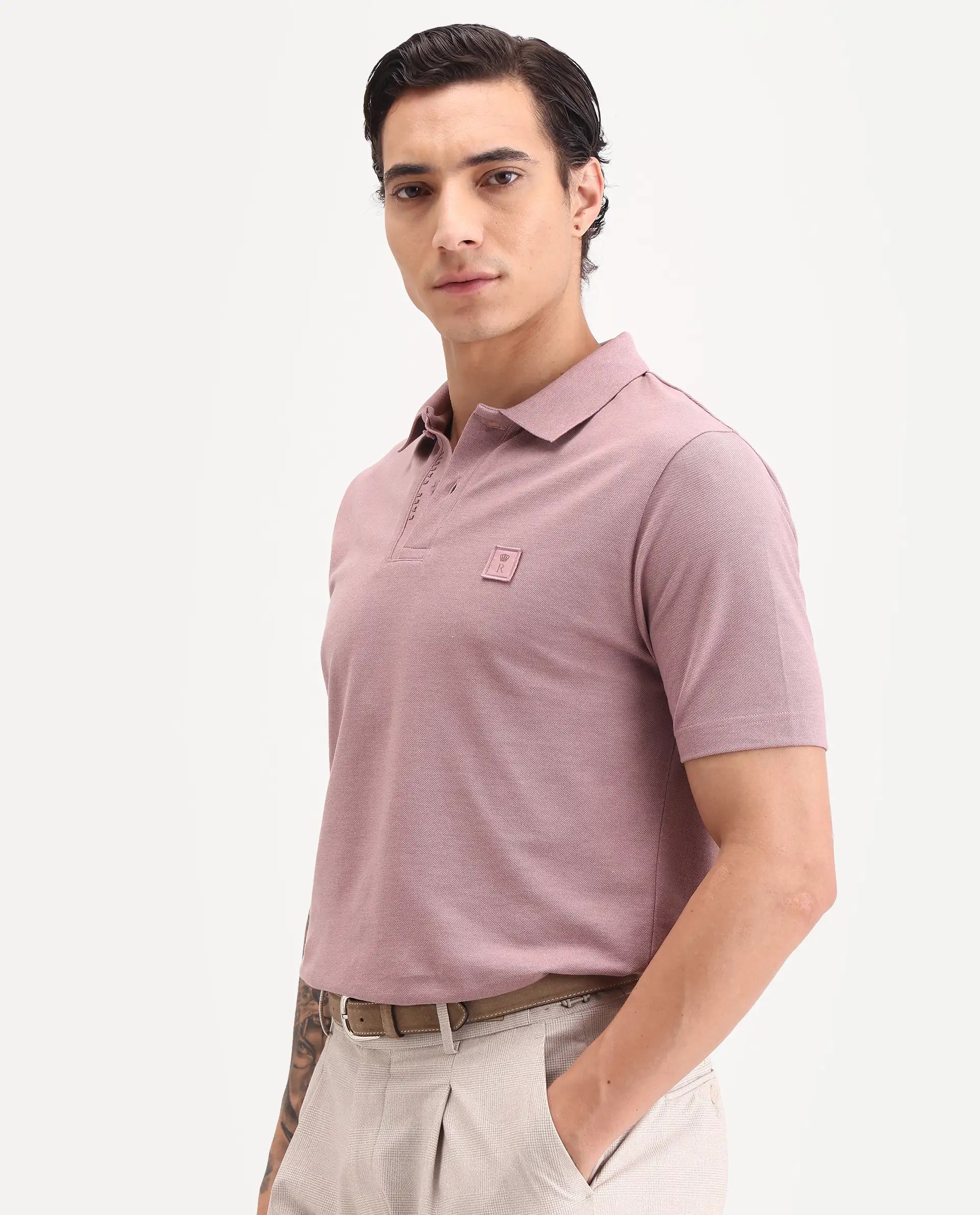 Rare Rabbit Men's Gamor Dusky Pink Cotton Blend Fabric Half Sleeve Spread Collar Regular Fit Plain Polo