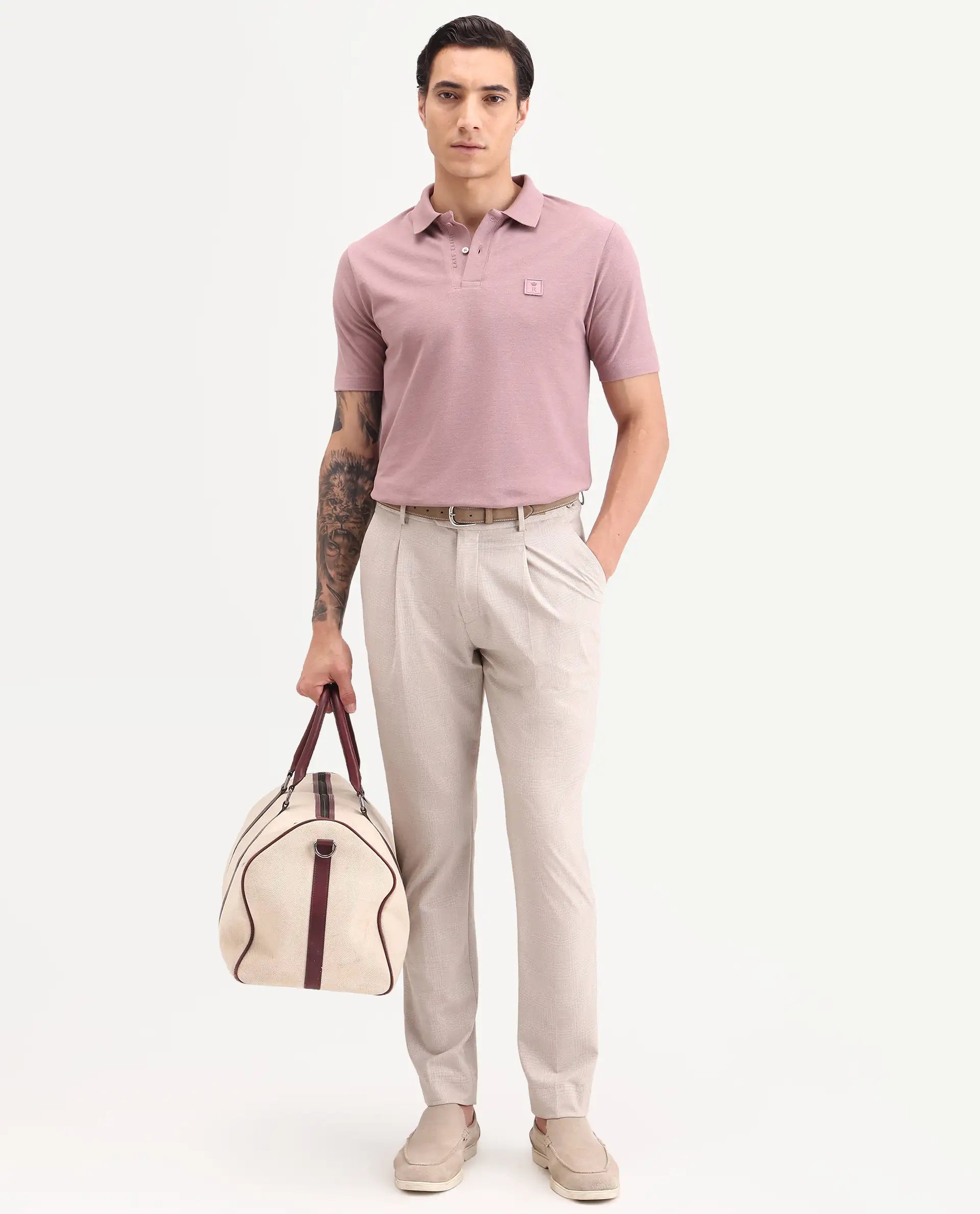 Rare Rabbit Men's Gamor Dusky Pink Cotton Blend Fabric Half Sleeve Spread Collar Regular Fit Plain Polo