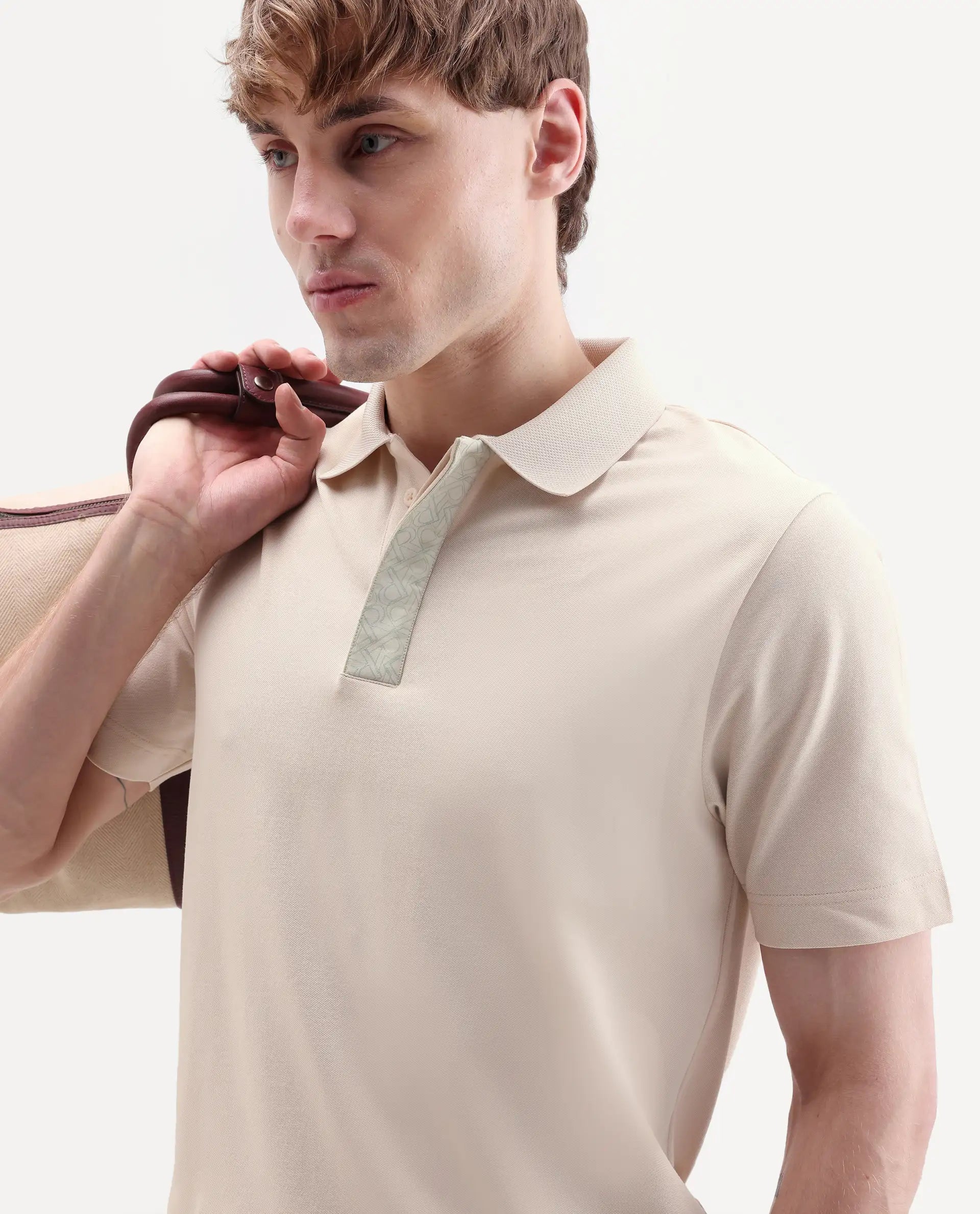 Rare Rabbit Men's Hin-S26 Off White Cotton Blend Fabric Half Sleeve Spread Collar Regular Fit Plain Polo