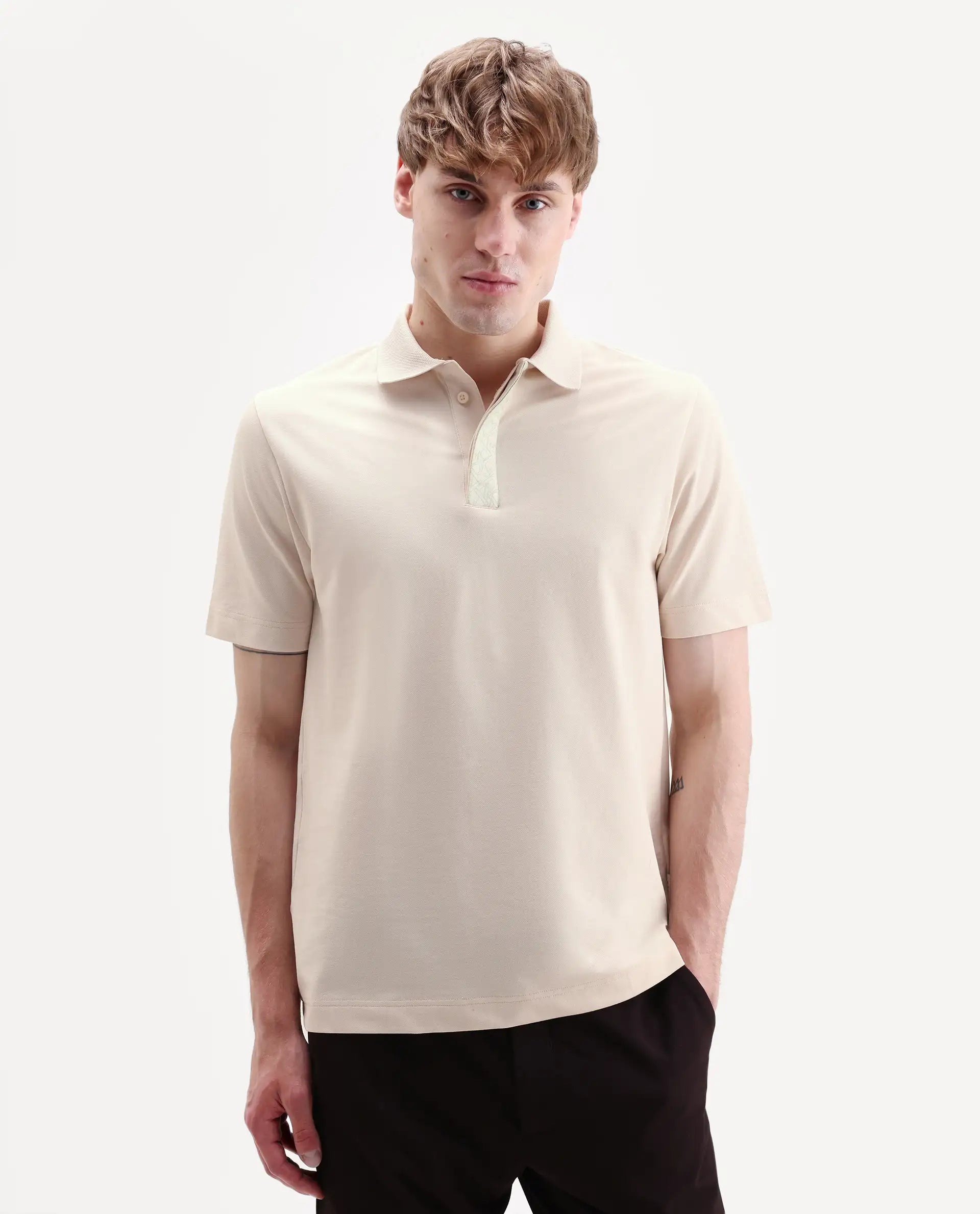 Rare Rabbit Men's Hin-S26 Off White Cotton Blend Fabric Half Sleeve Spread Collar Regular Fit Plain Polo