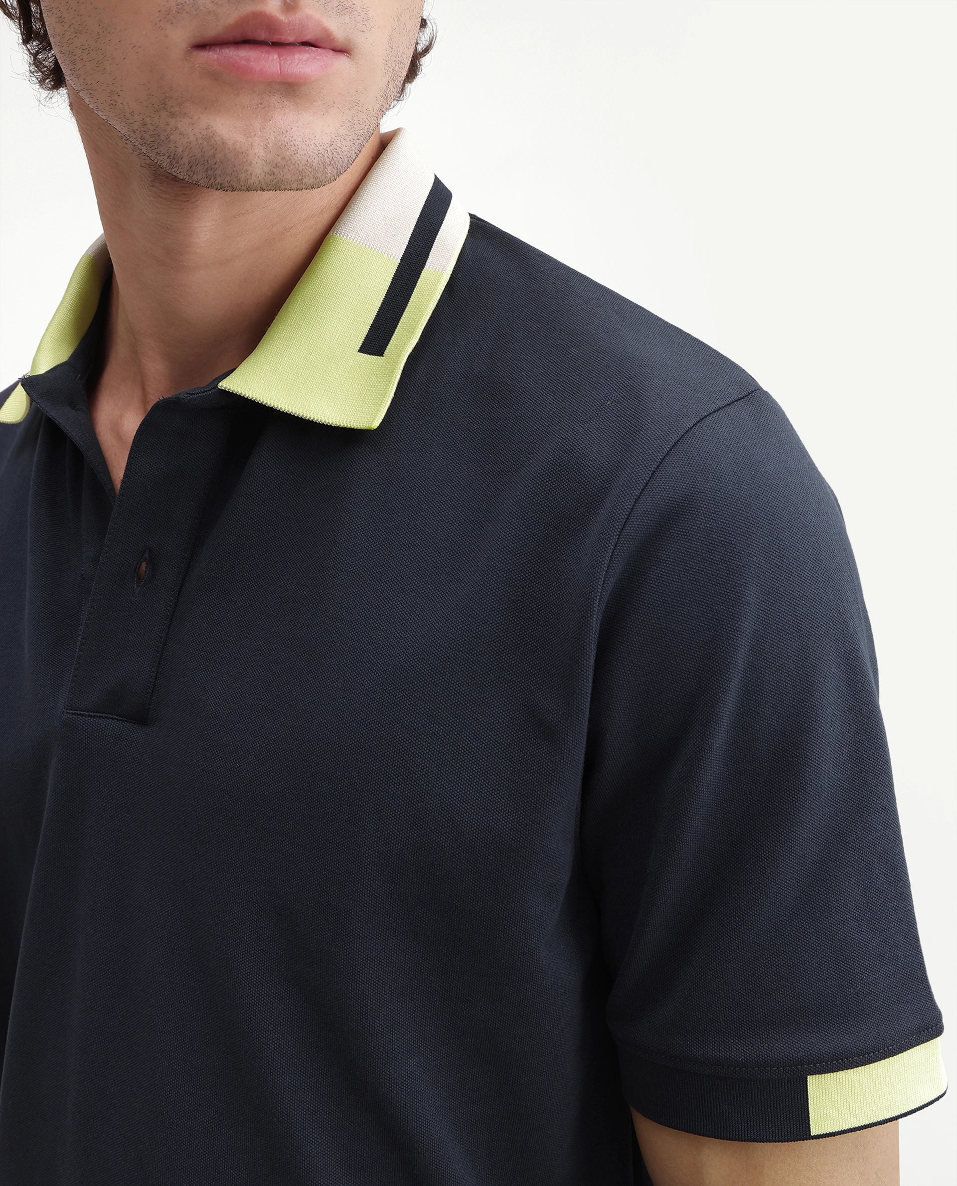 Rare Rabbit Men's Hub Navy Cotton Blend Fabric Half Sleeve Spread Collar Regular Fit Plain Polo