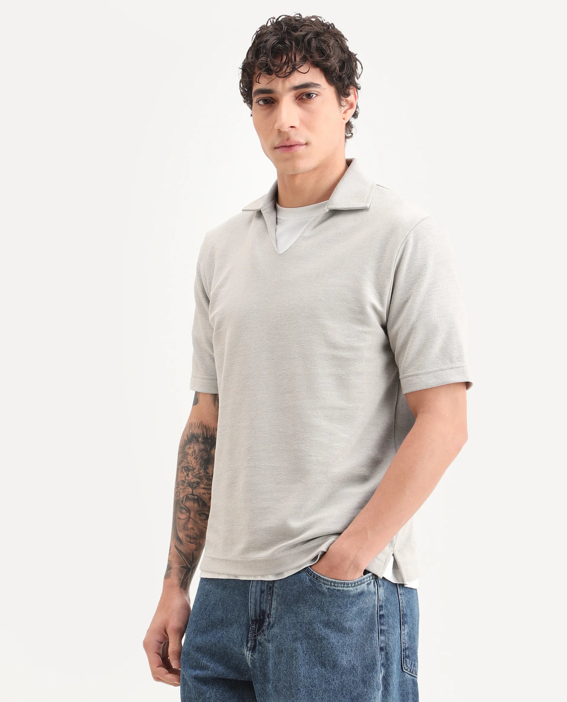 Rare Rabbit Men's Jawal-S26 Light Beige Cotton Blend Fabric Half Sleeve Jonny Collar Regular Fit Plain Polo