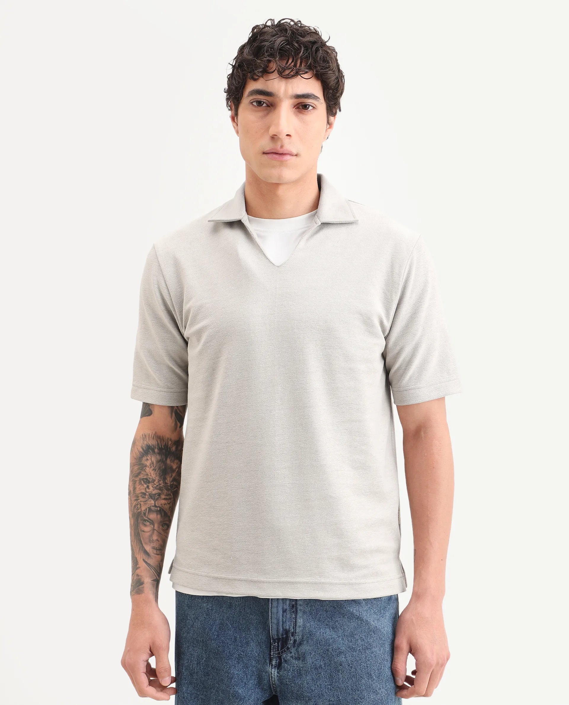 Rare Rabbit Men's Jawal-S26 Light Beige Cotton Blend Fabric Half Sleeve Jonny Collar Regular Fit Plain Polo