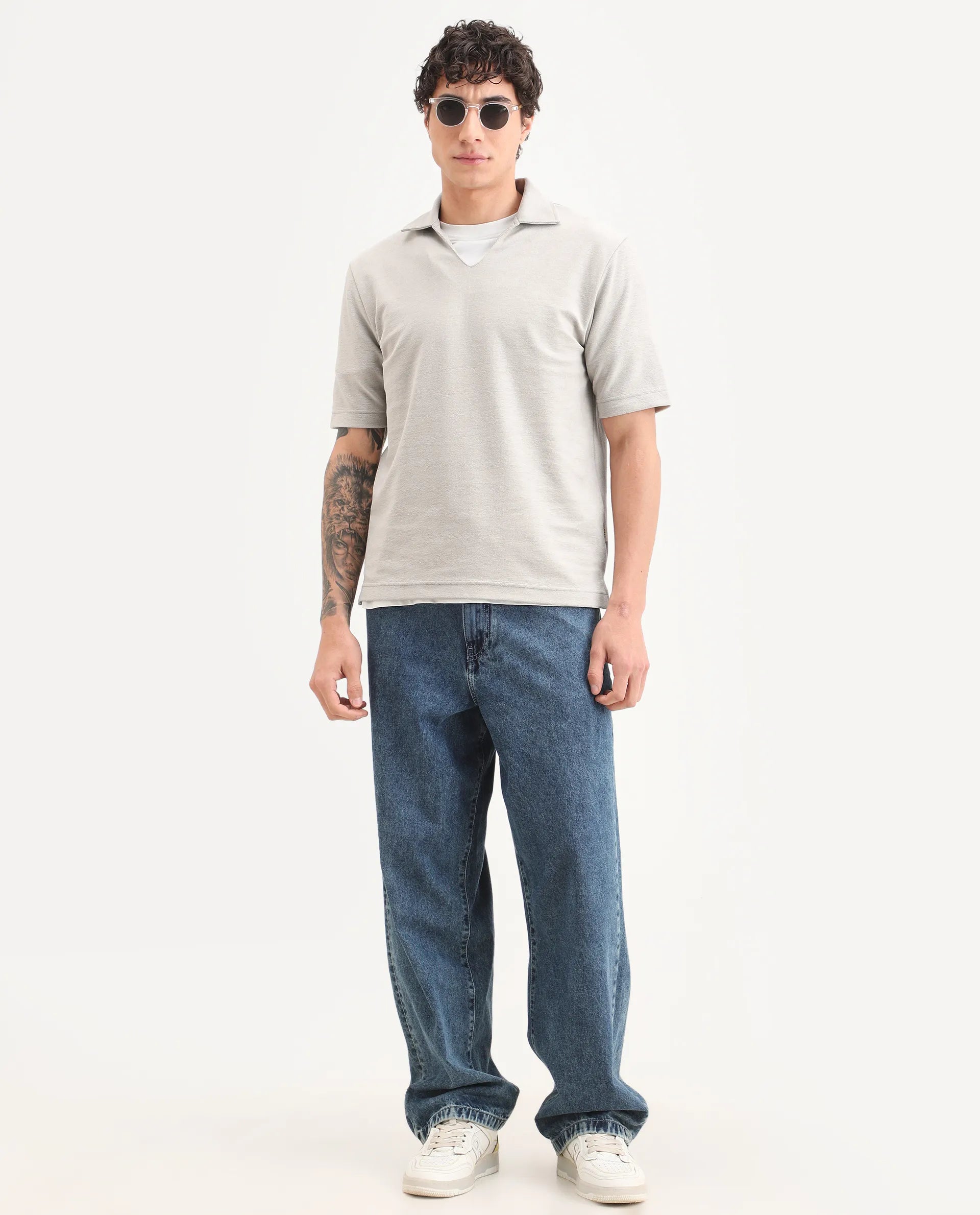 Rare Rabbit Men's Jawal-S26 Light Beige Cotton Blend Fabric Half Sleeve Jonny Collar Regular Fit Plain Polo