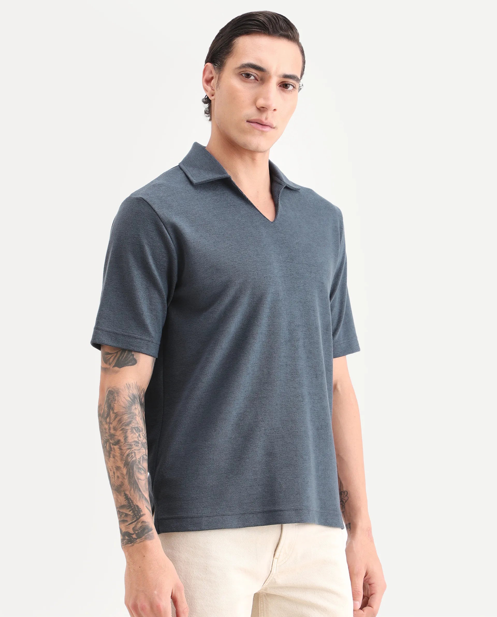 Rare Rabbit Men's Jawal-S26 Navy Cotton Blend Fabric Half Sleeve Jonny Collar Regular Fit Plain Polo