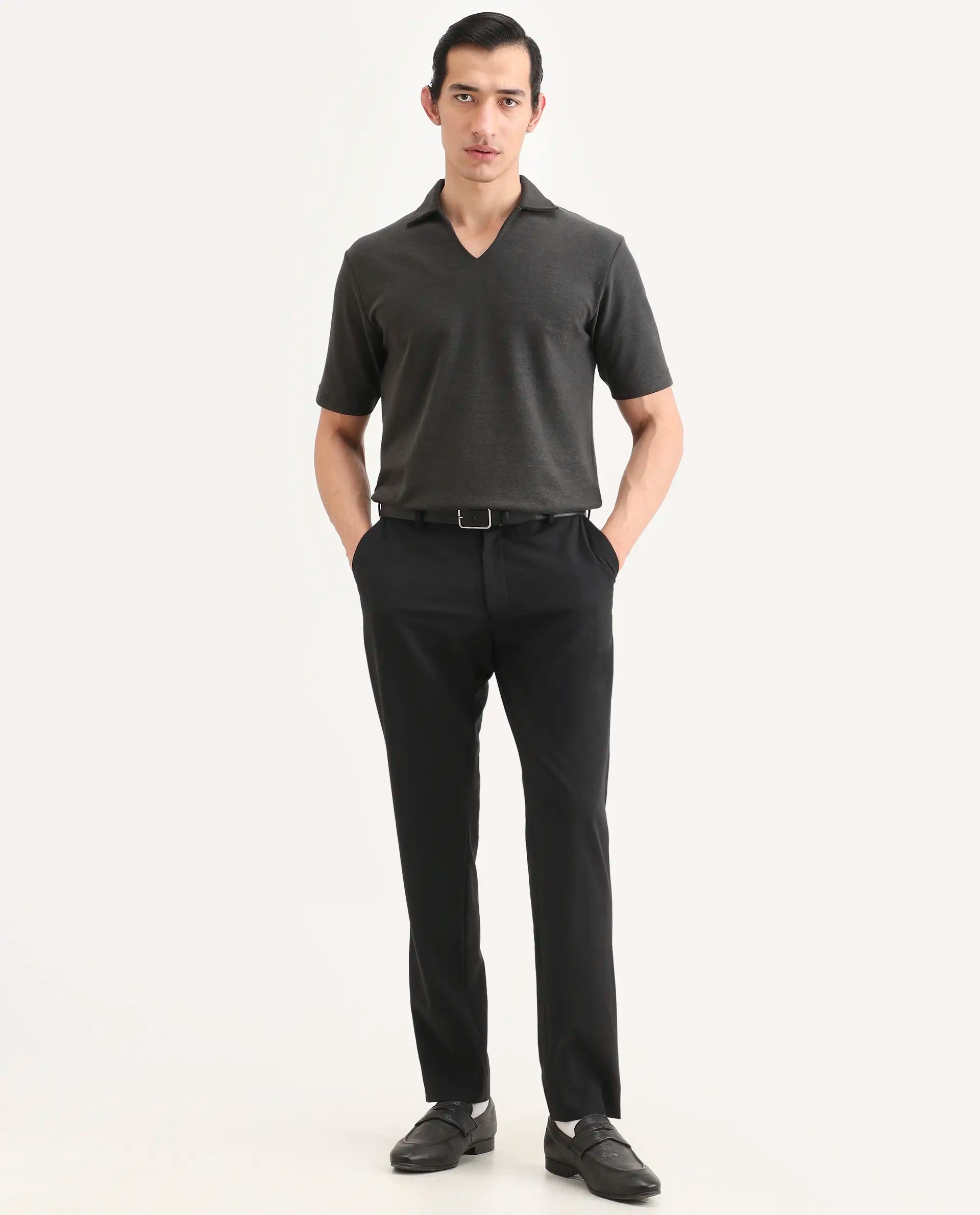 Rare Rabbit Men's Jawal-S26 Dark Grey Cotton Blend Fabric Half Sleeve Jonny Collar Regular Fit Plain Polo