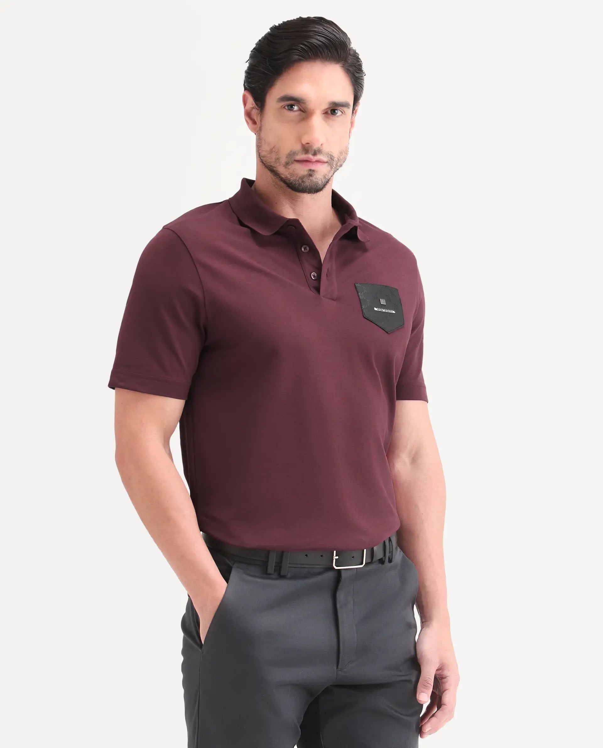 Rare Rabbit Men's Lorn-S26 Dark Red Cotton Blend Fabric Half Sleeve Spread Collar Regular Fit Monogram Print Polo