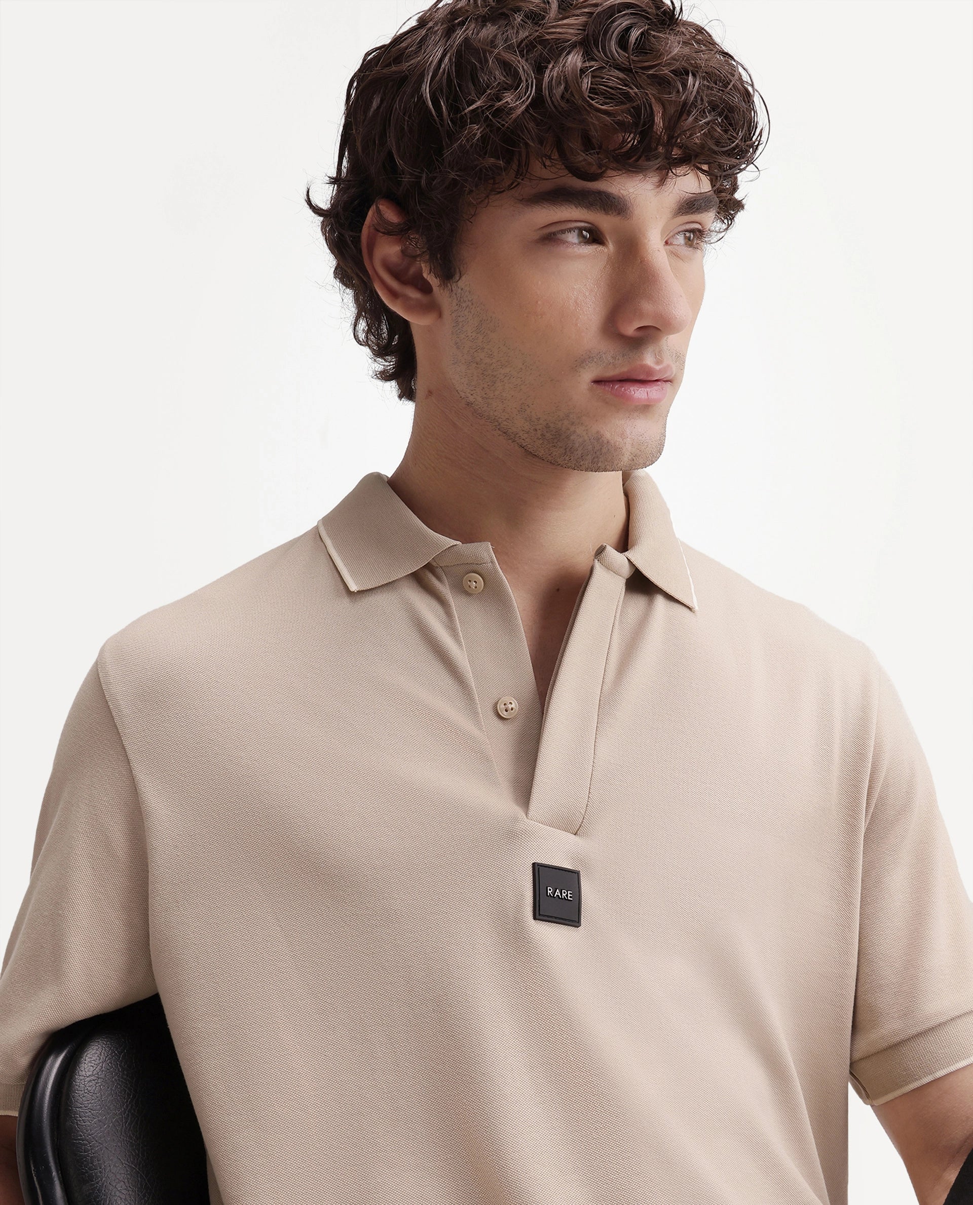 Rare Rabbit Men's Mak Beige Cotton Blend Fabric Half Sleeve Spread Collar Regular Fit Plain Polo