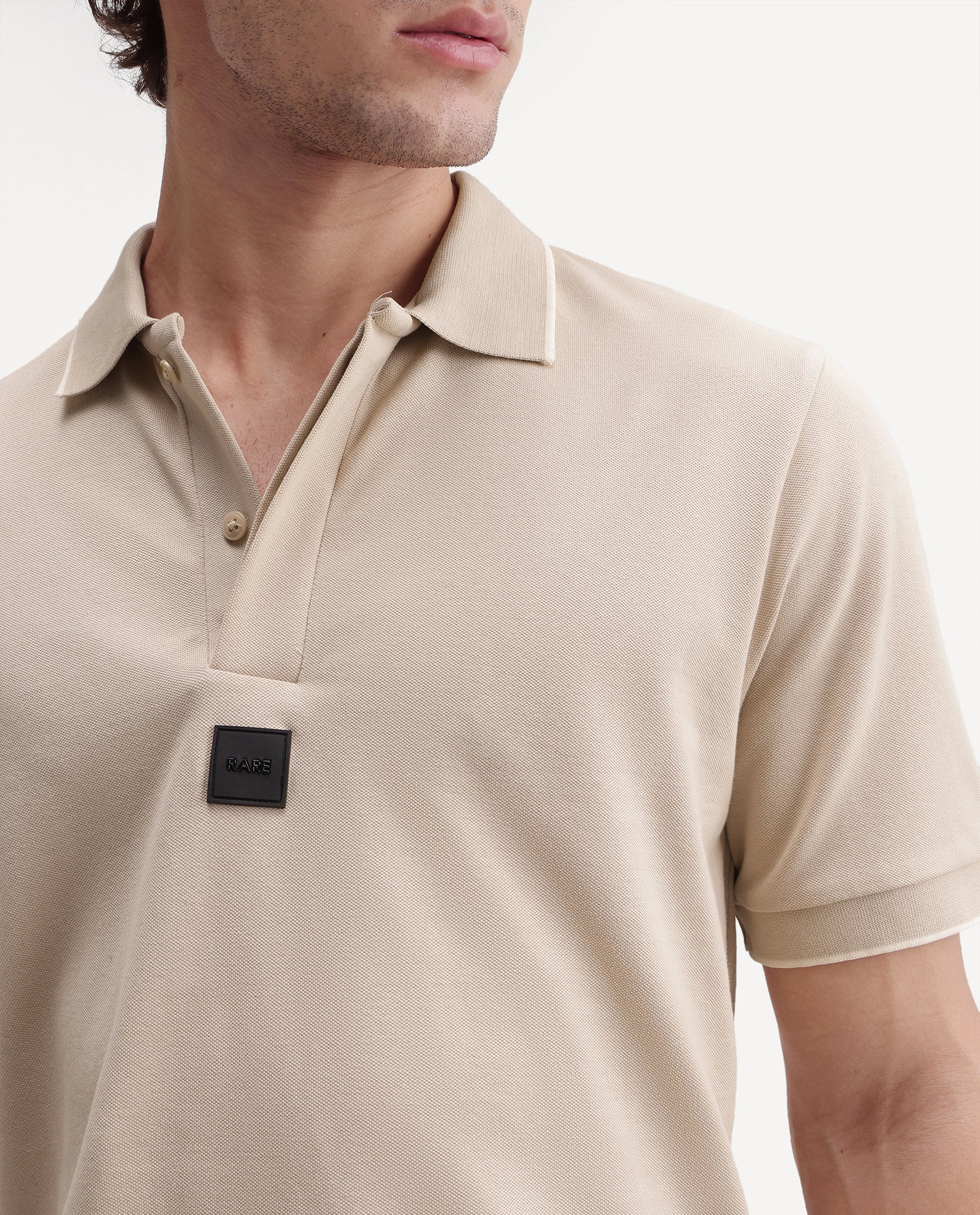 Rare Rabbit Men's Mak Beige Cotton Blend Fabric Half Sleeve Spread Collar Regular Fit Plain Polo