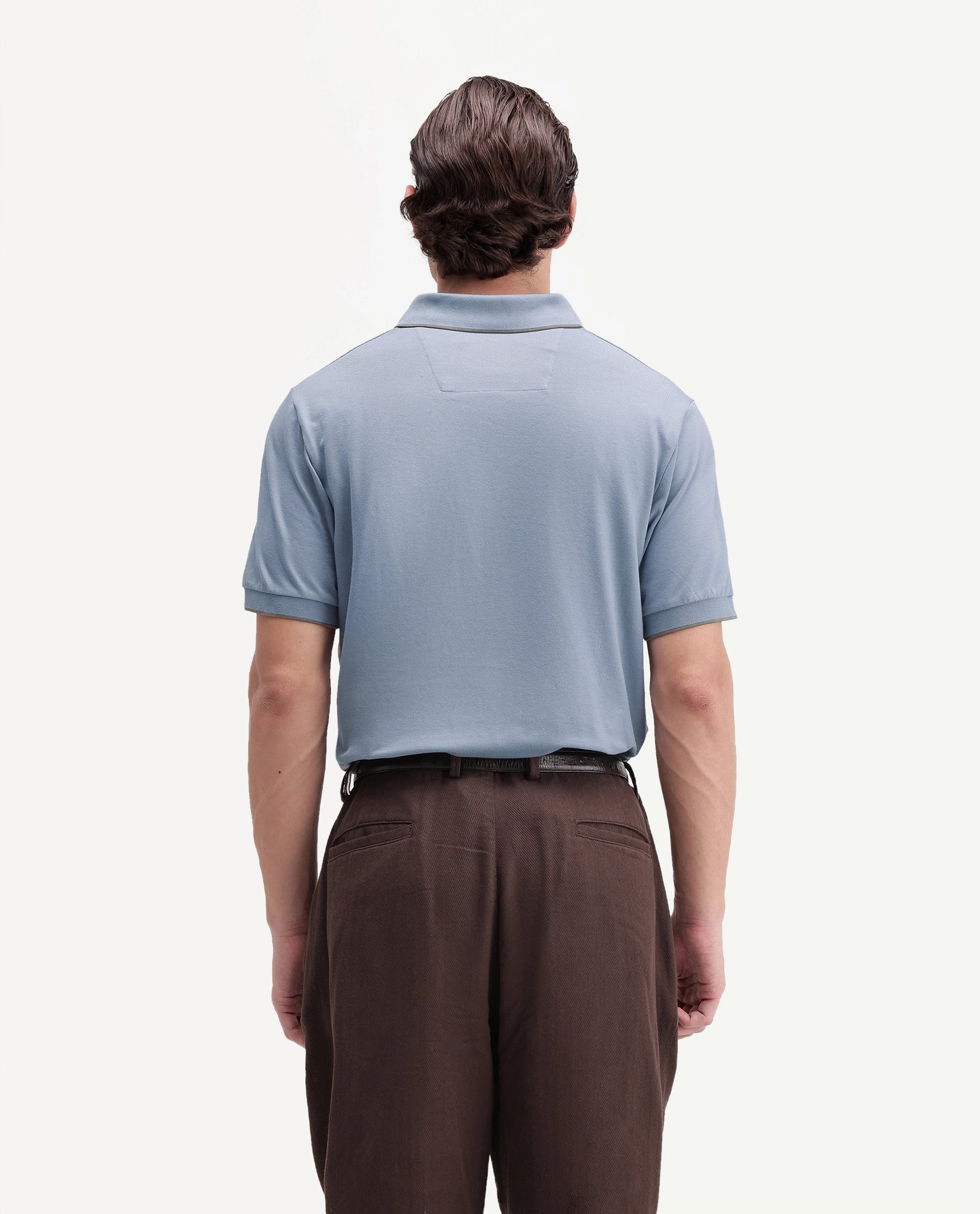 Rare Rabbit Men's Mak Dusky Blue Cotton Blend Fabric Half Sleeve Spread Collar Regular Fit Plain Polo