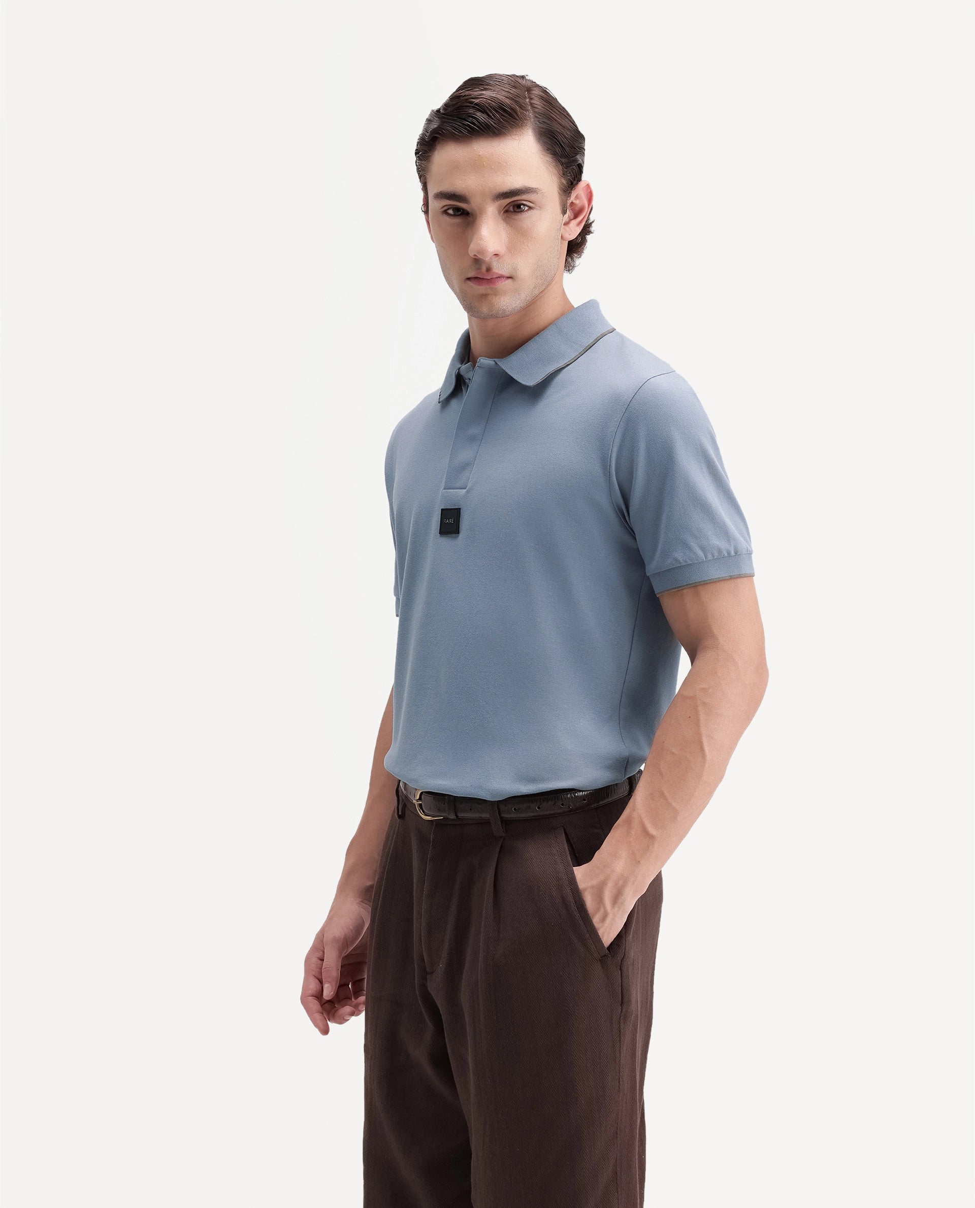 Rare Rabbit Men's Mak Dusky Blue Cotton Blend Fabric Half Sleeve Spread Collar Regular Fit Plain Polo