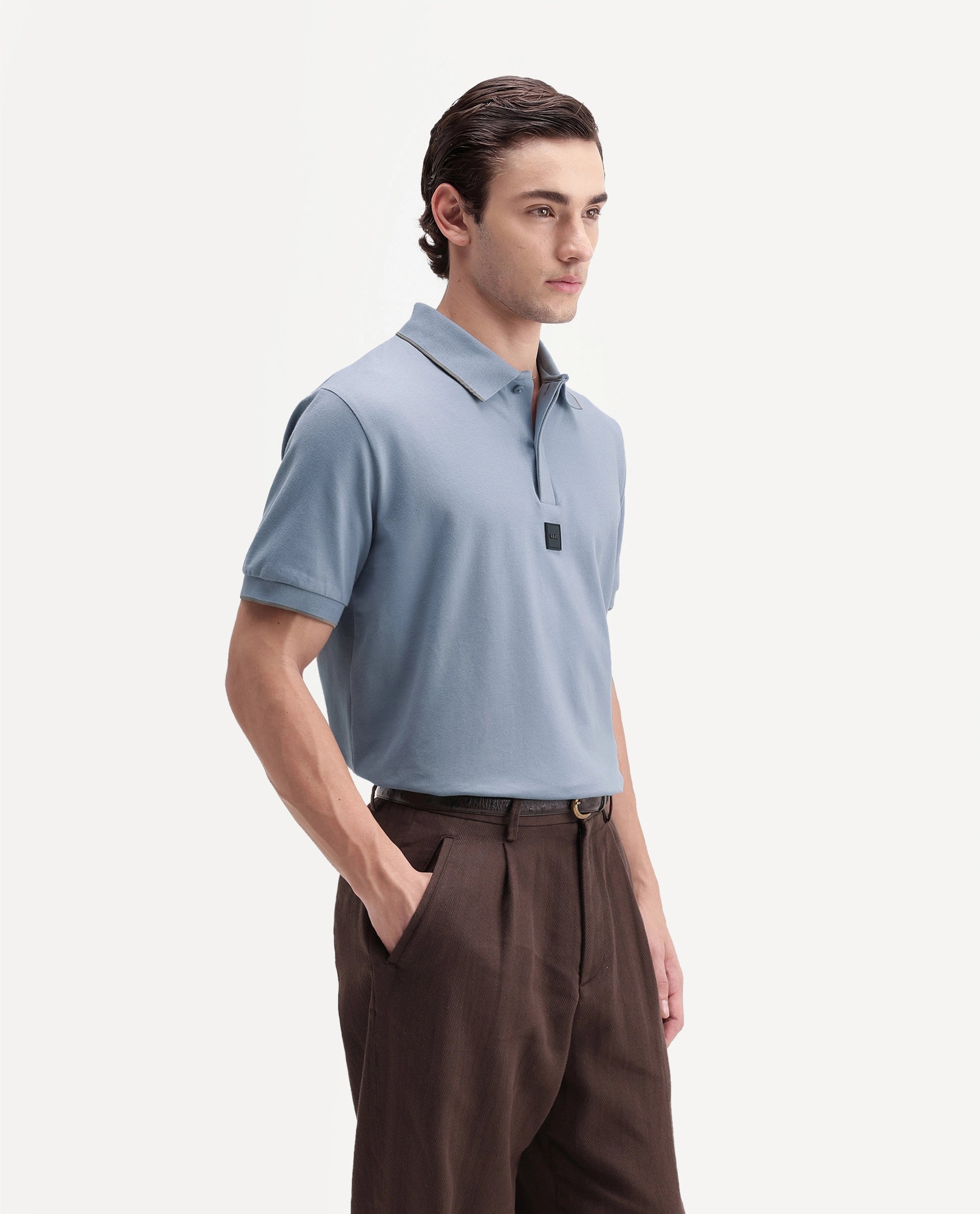 Rare Rabbit Men's Mak Dusky Blue Cotton Blend Fabric Half Sleeve Spread Collar Regular Fit Plain Polo