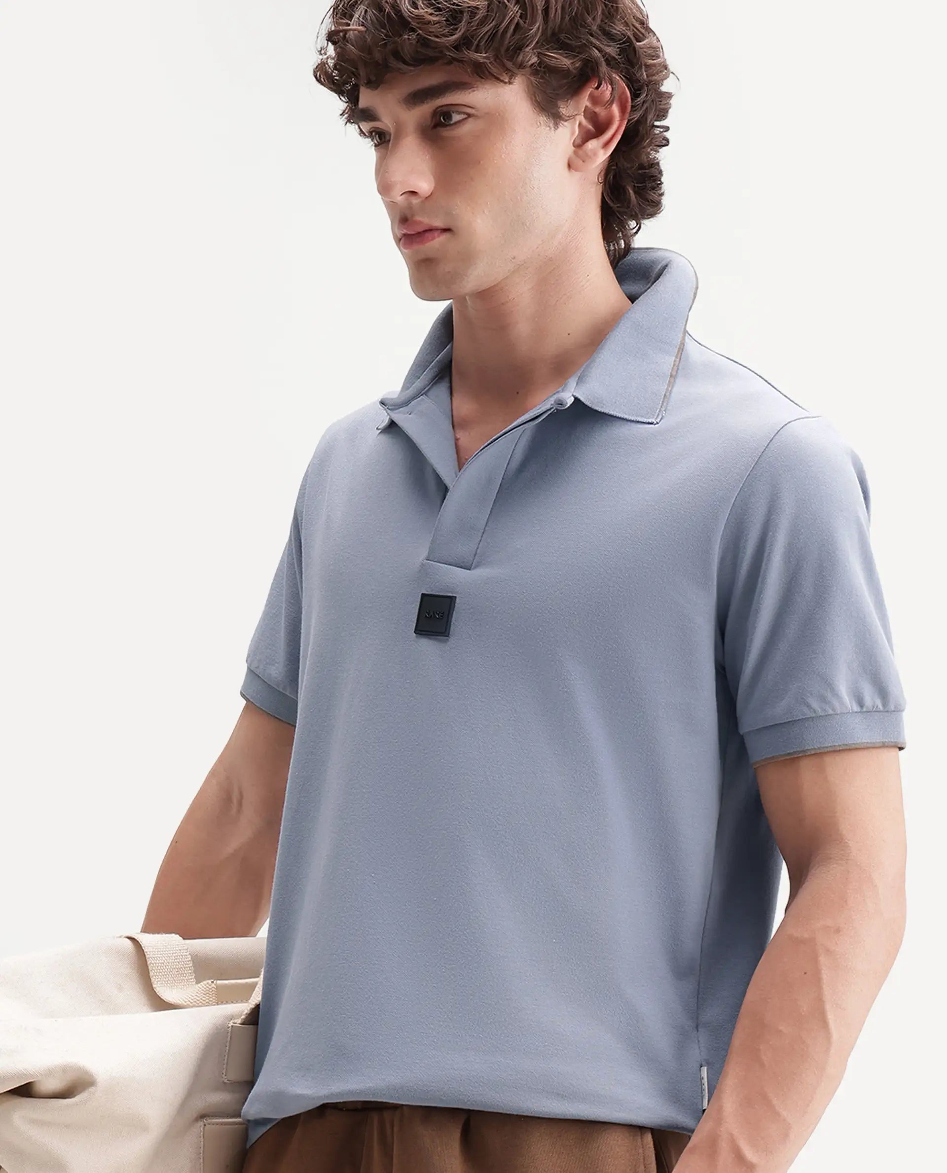 Rare Rabbit Men's Mak Dusky Blue Cotton Blend Fabric Half Sleeve Spread Collar Regular Fit Plain Polo
