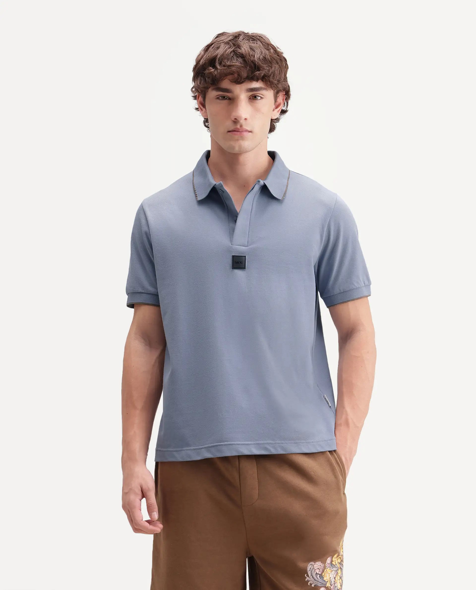 Rare Rabbit Men's Mak Dusky Blue Cotton Blend Fabric Half Sleeve Spread Collar Regular Fit Plain Polo