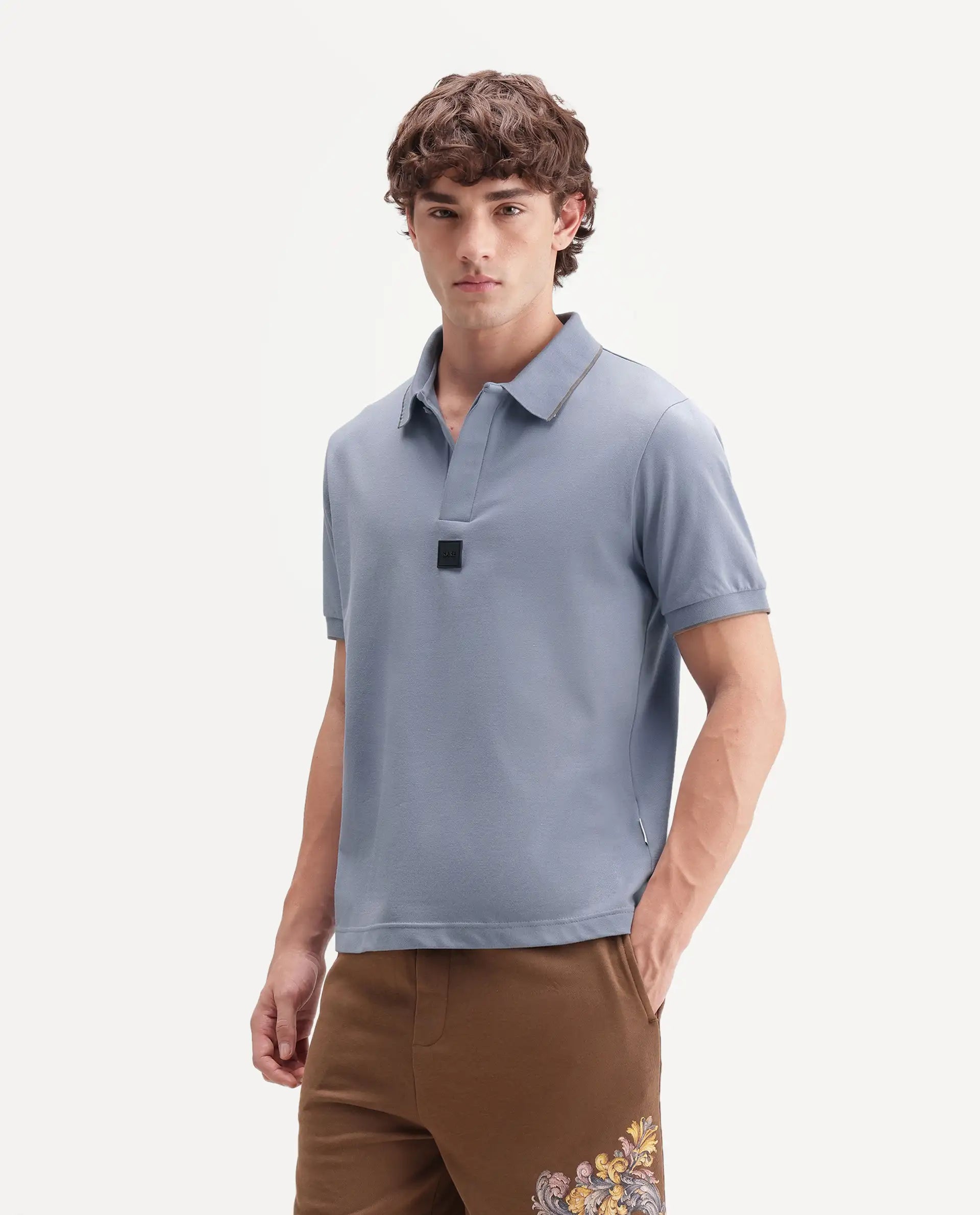Rare Rabbit Men's Mak Dusky Blue Cotton Blend Fabric Half Sleeve Spread Collar Regular Fit Plain Polo