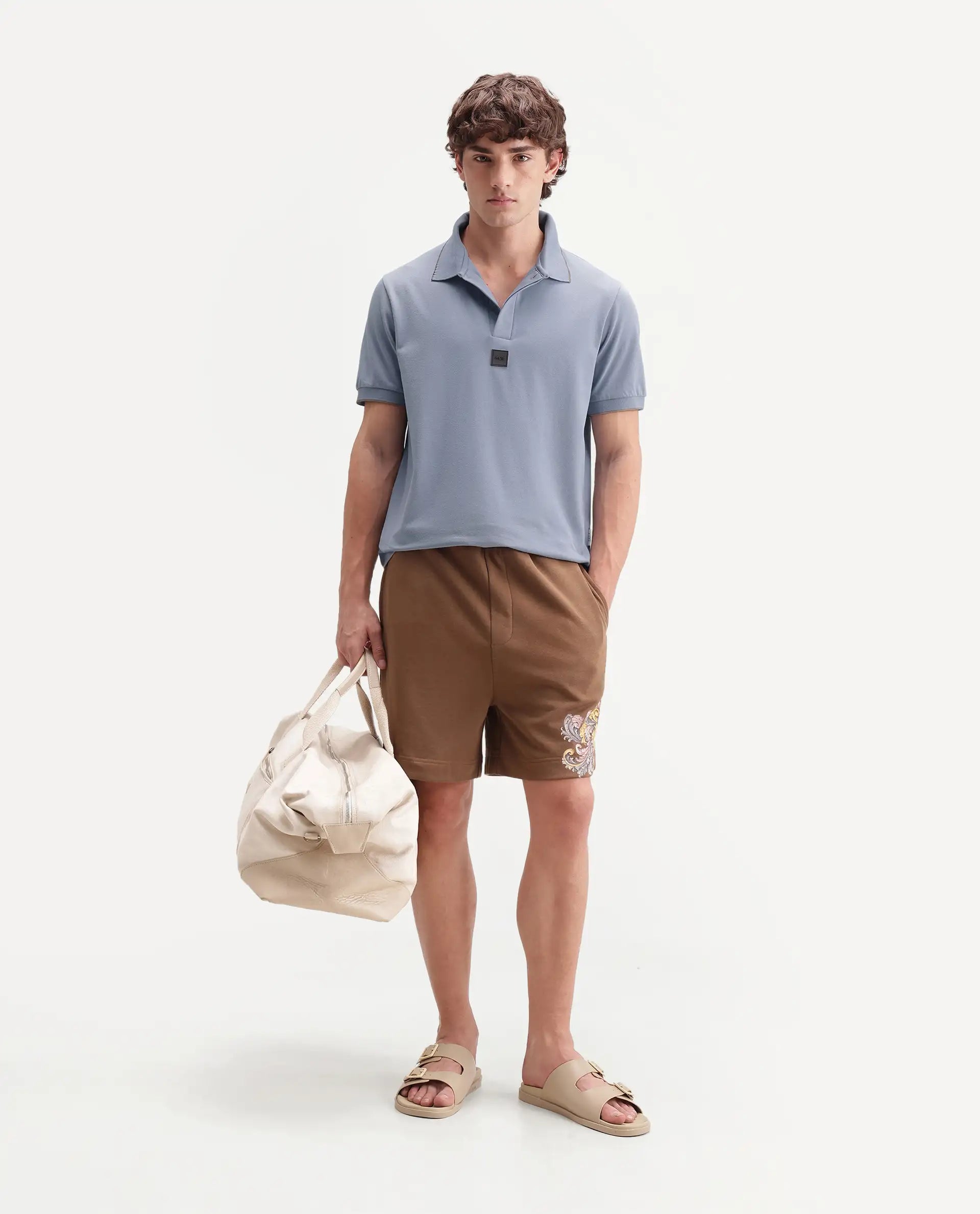 Rare Rabbit Men's Mak Dusky Blue Cotton Blend Fabric Half Sleeve Spread Collar Regular Fit Plain Polo